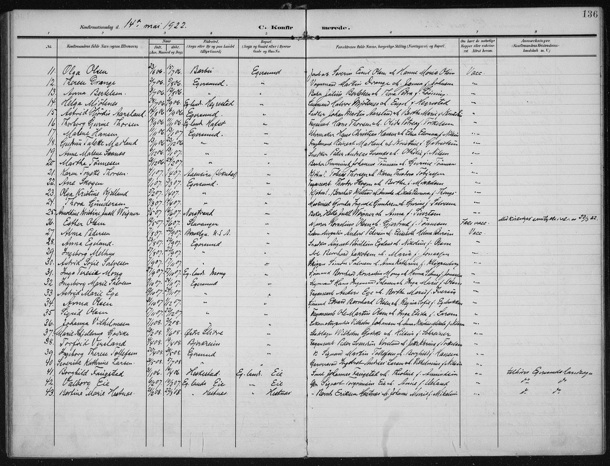 Eigersund sokneprestkontor, SAST/A-101807/S08/L0022: Ministerialbok nr. A 21, 1905-1928, s. 136