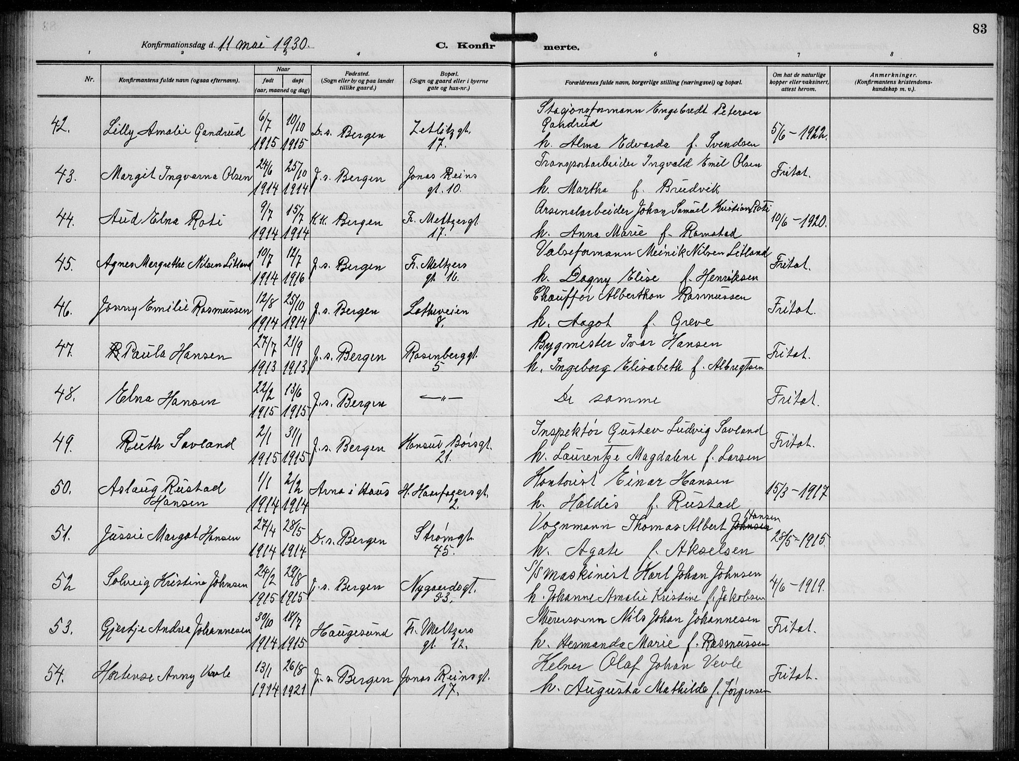 Johanneskirken sokneprestembete, AV/SAB-A-76001/H/Hab: Klokkerbok nr. B  3, 1925-1935, s. 82b-83a