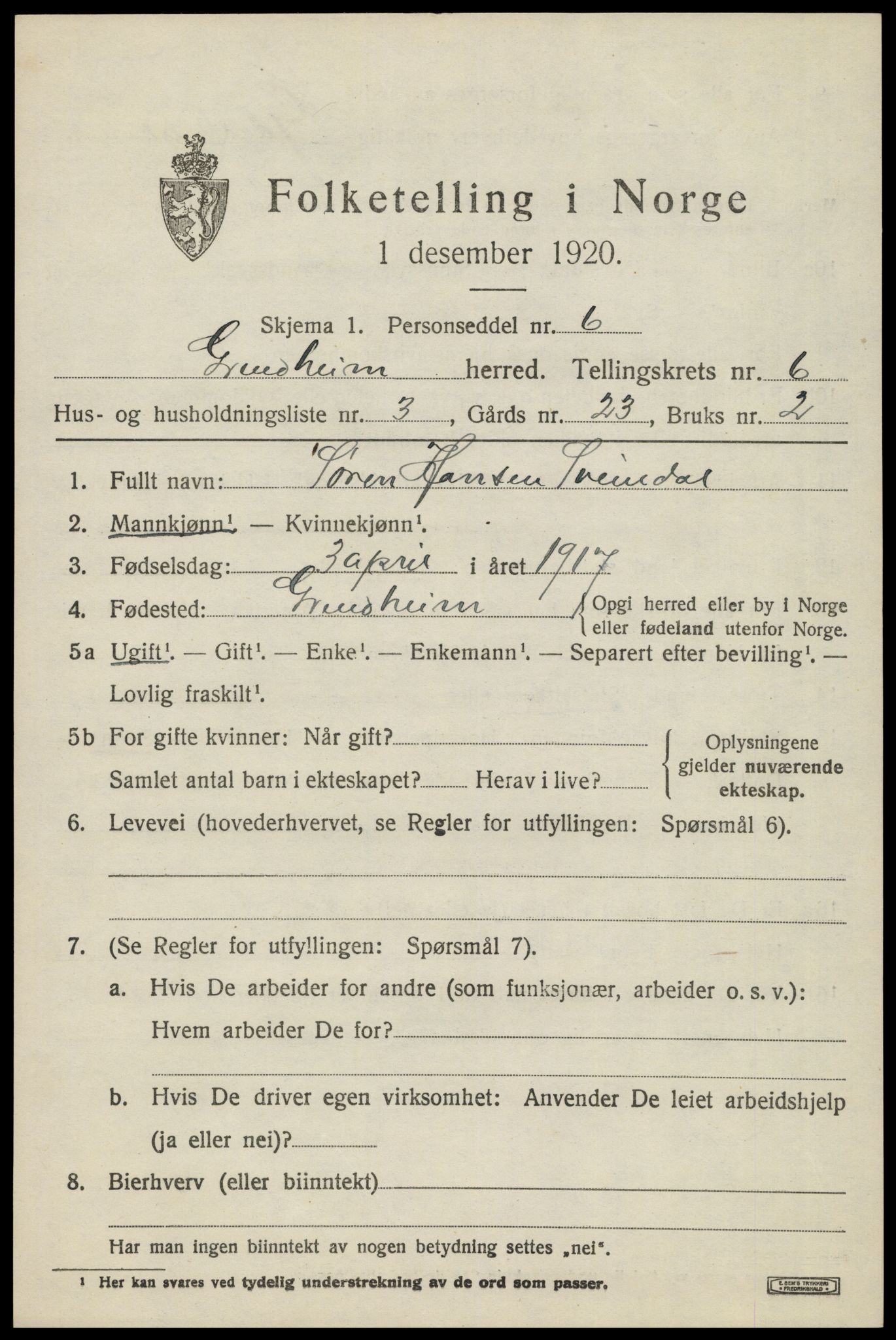SAK, Folketelling 1920 for 1025 Grindheim herred, 1920, s. 1889