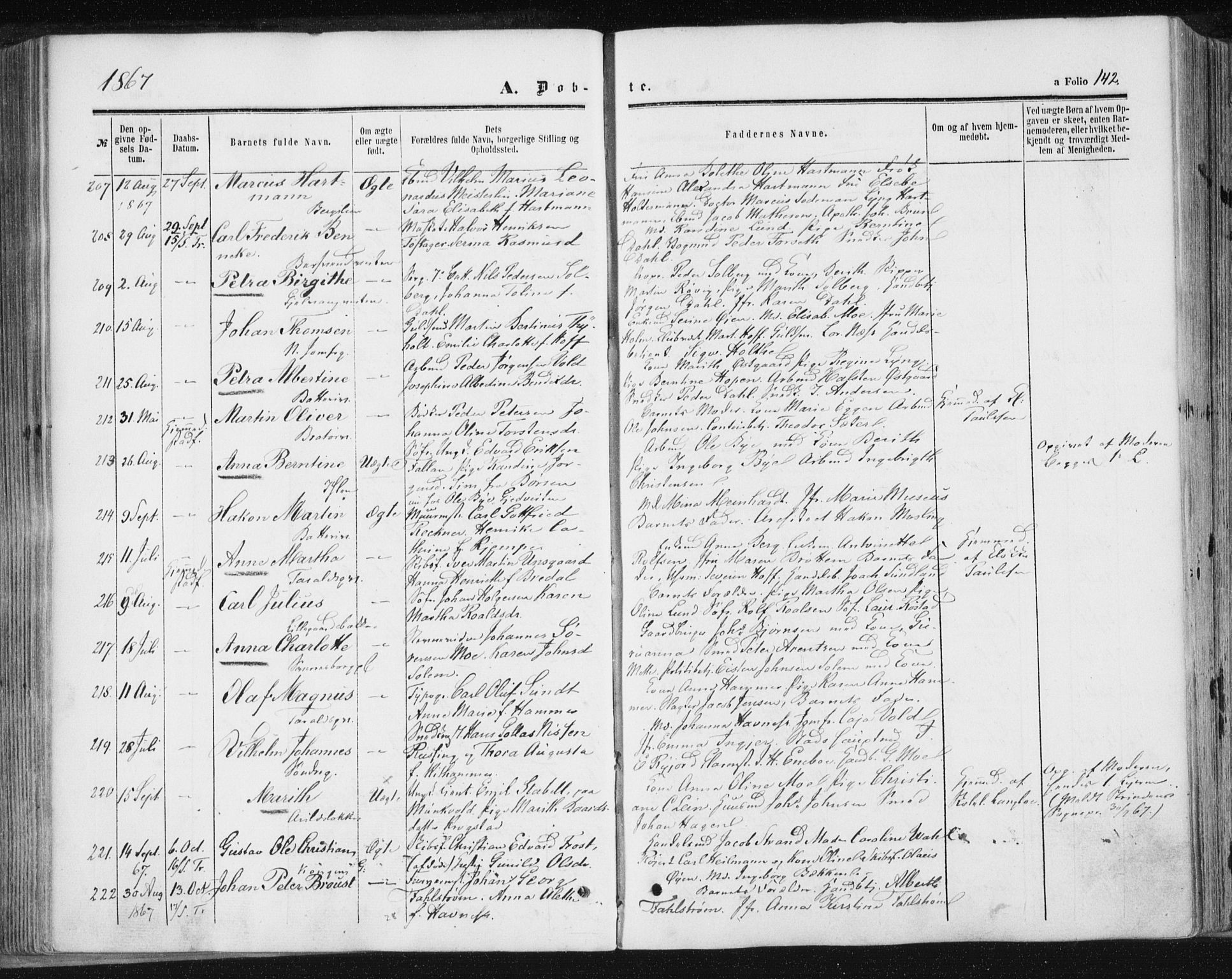 Ministerialprotokoller, klokkerbøker og fødselsregistre - Sør-Trøndelag, SAT/A-1456/602/L0115: Ministerialbok nr. 602A13, 1860-1872, s. 142
