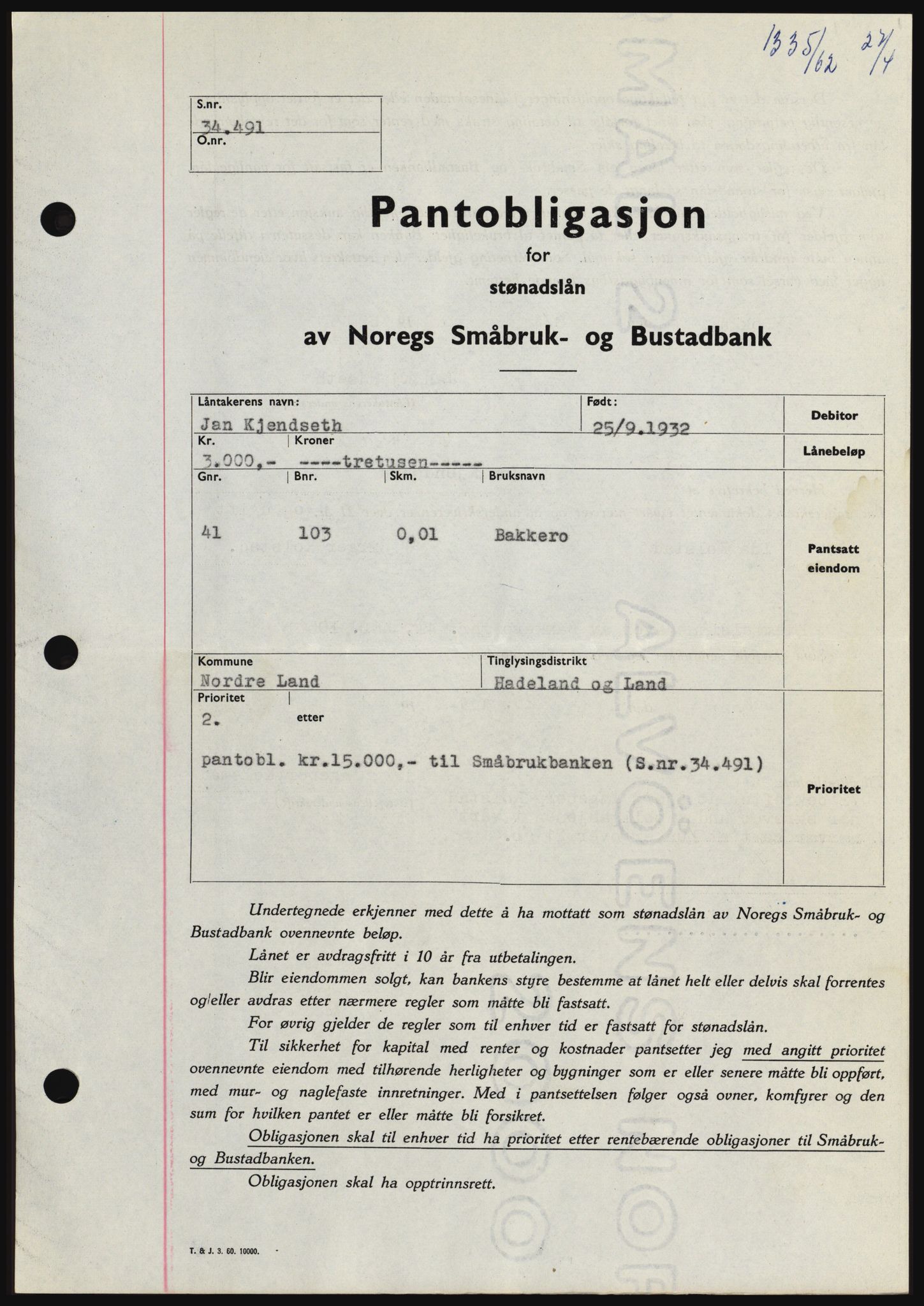 Hadeland og Land tingrett, SAH/TING-010/H/Hb/Hbc/L0048: Pantebok nr. B48, 1962-1962, Dagboknr: 1335/1962