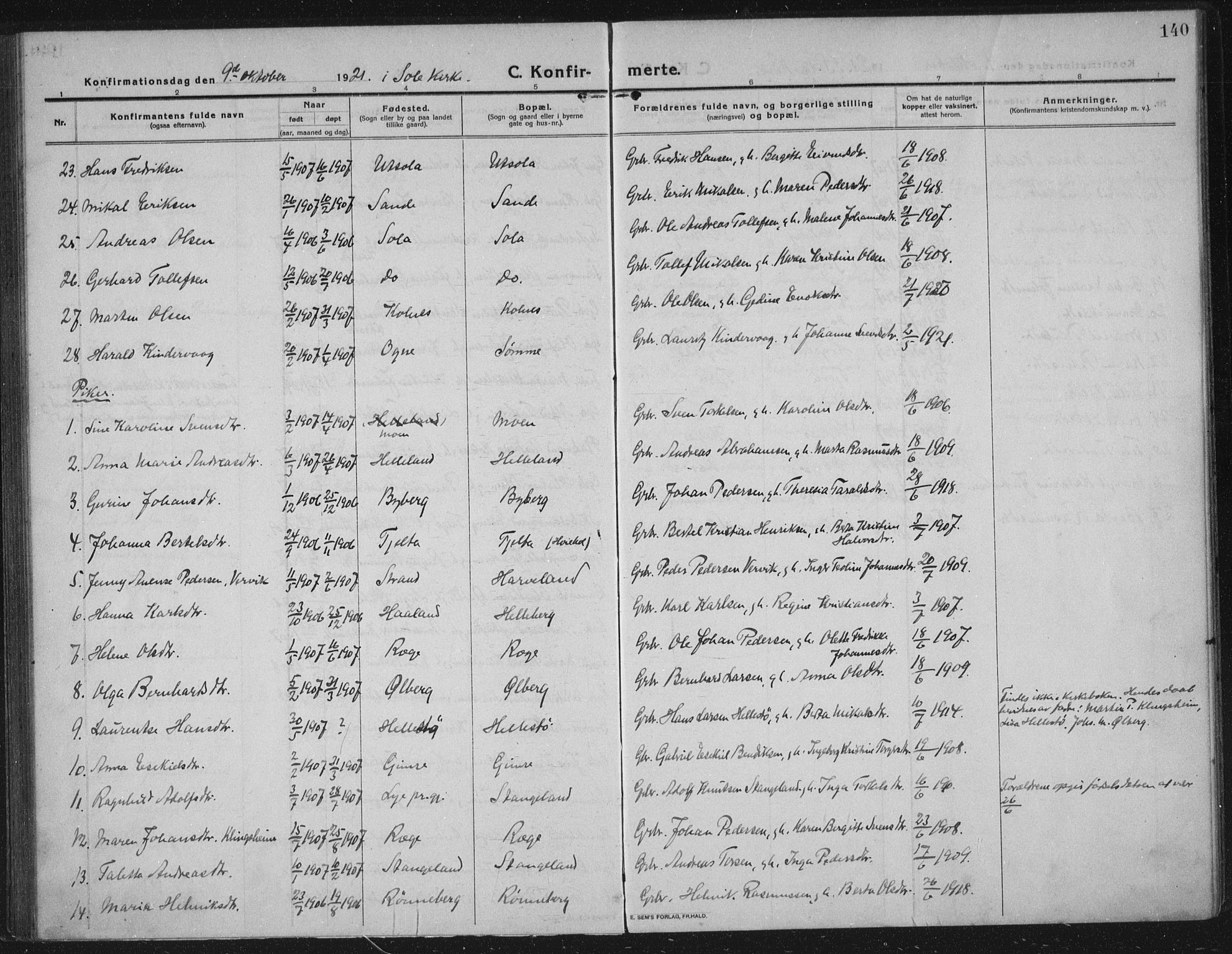 Håland sokneprestkontor, AV/SAST-A-101802/002/C/L0001: Ministerialbok nr. A 14, 1913-1927, s. 140