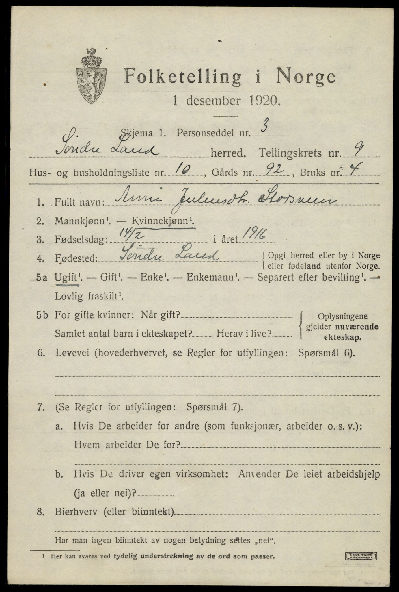 SAH, Folketelling 1920 for 0536 Søndre Land herred, 1920, s. 8281