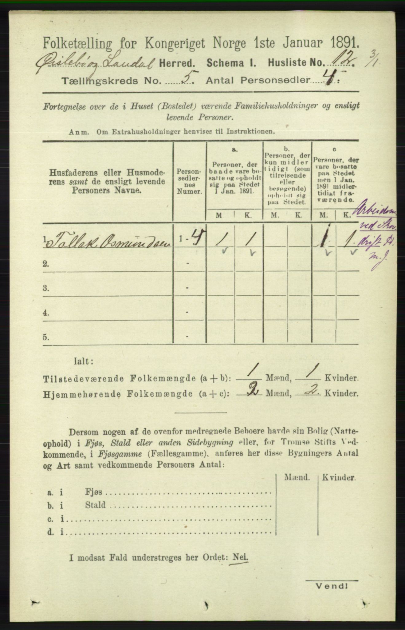 RA, Folketelling 1891 for 1021 Øyslebø og Laudal herred, 1891, s. 1287