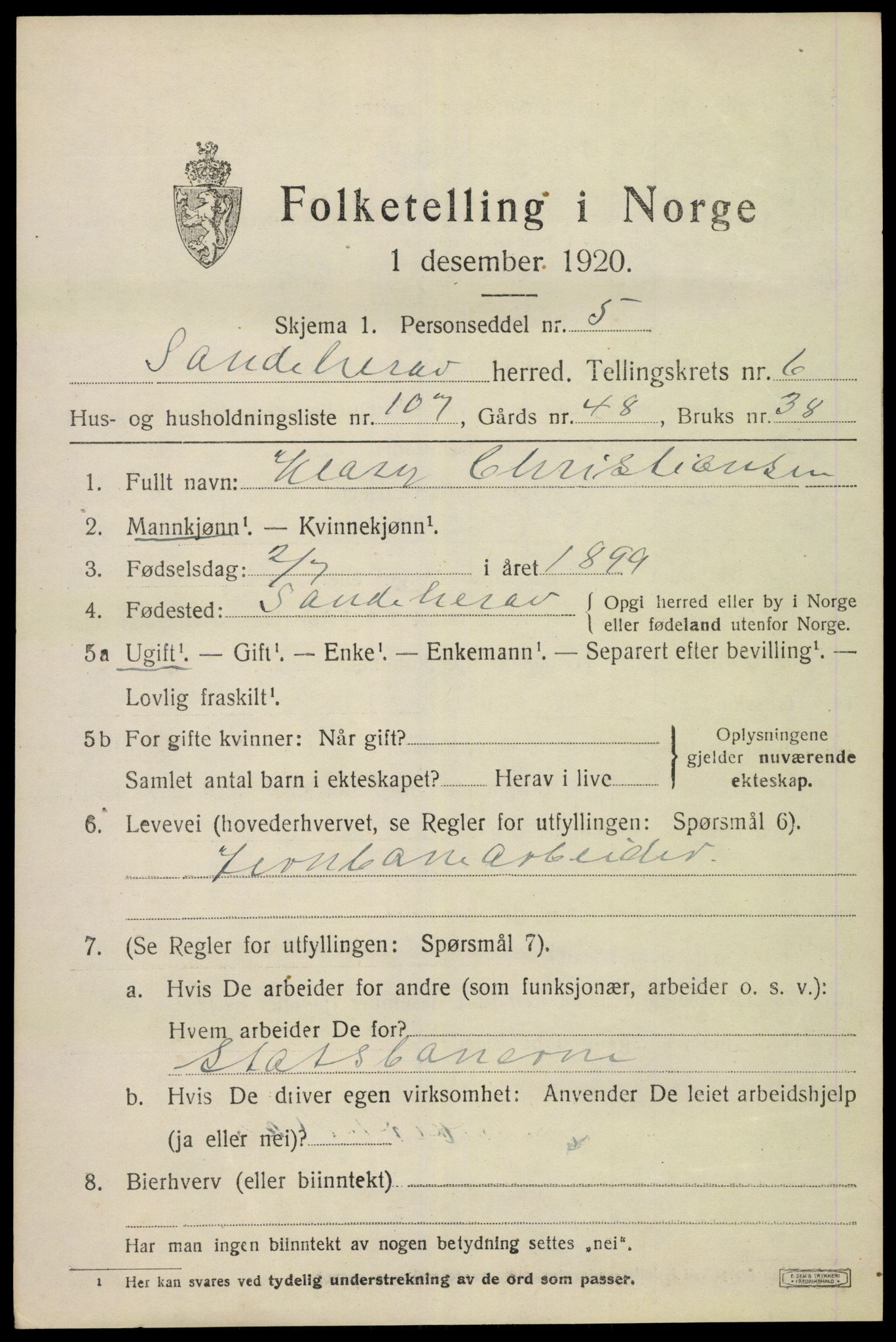 SAKO, Folketelling 1920 for 0724 Sandeherred herred, 1920, s. 11040