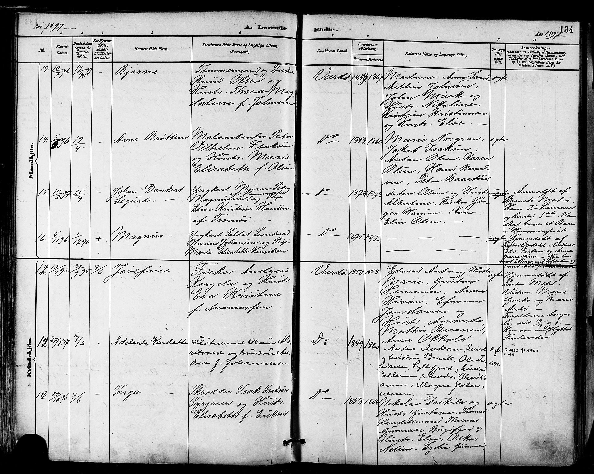 Vardø sokneprestkontor, AV/SATØ-S-1332/H/Ha/L0007kirke: Ministerialbok nr. 7, 1886-1897, s. 134