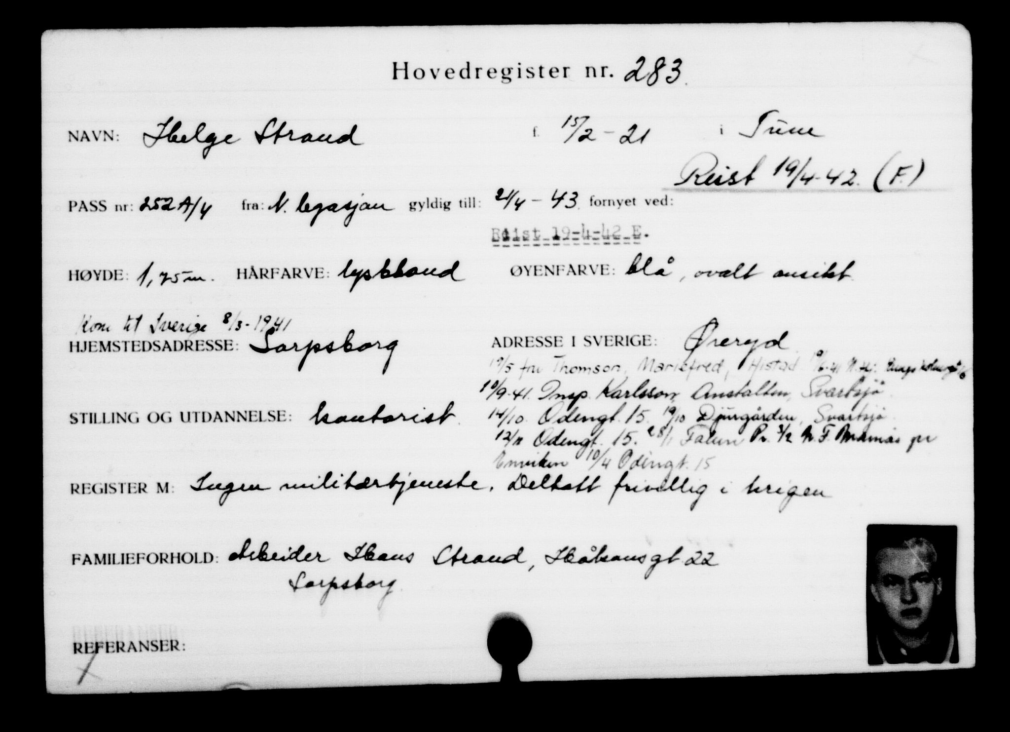 Utenriksstasjonene, Legasjonen i Stockholm, Flyktningkontoret, AV/RA-S-6753/V/Va/L0001: Kjesäterkartoteket, flyktninger med registreringsnr. 1-1000, 1940-1945, s. 453