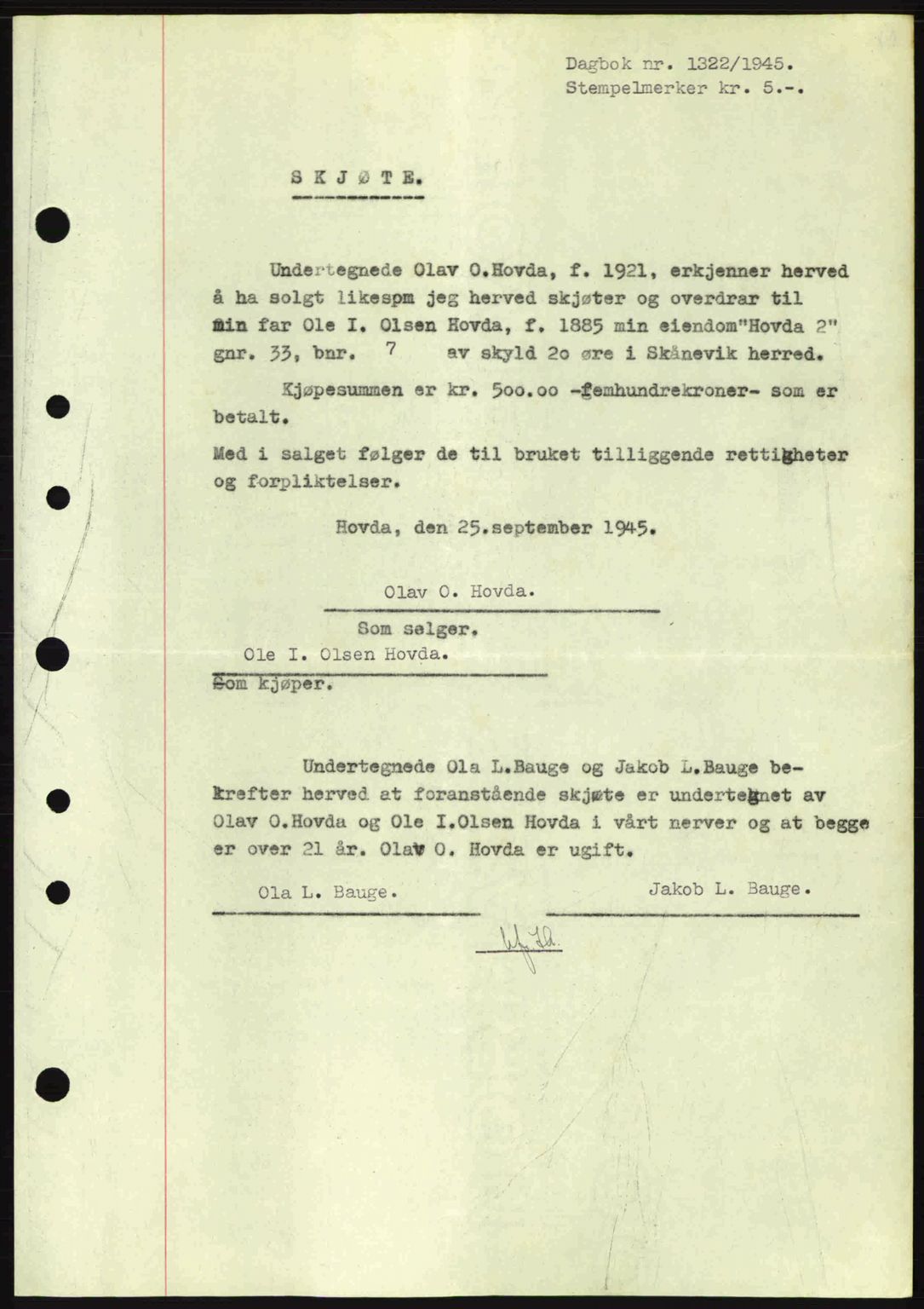 Sunnhordland sorenskrivar, AV/SAB-A-2401: Pantebok nr. A77, 1945-1945, Dagboknr: 1322/1945
