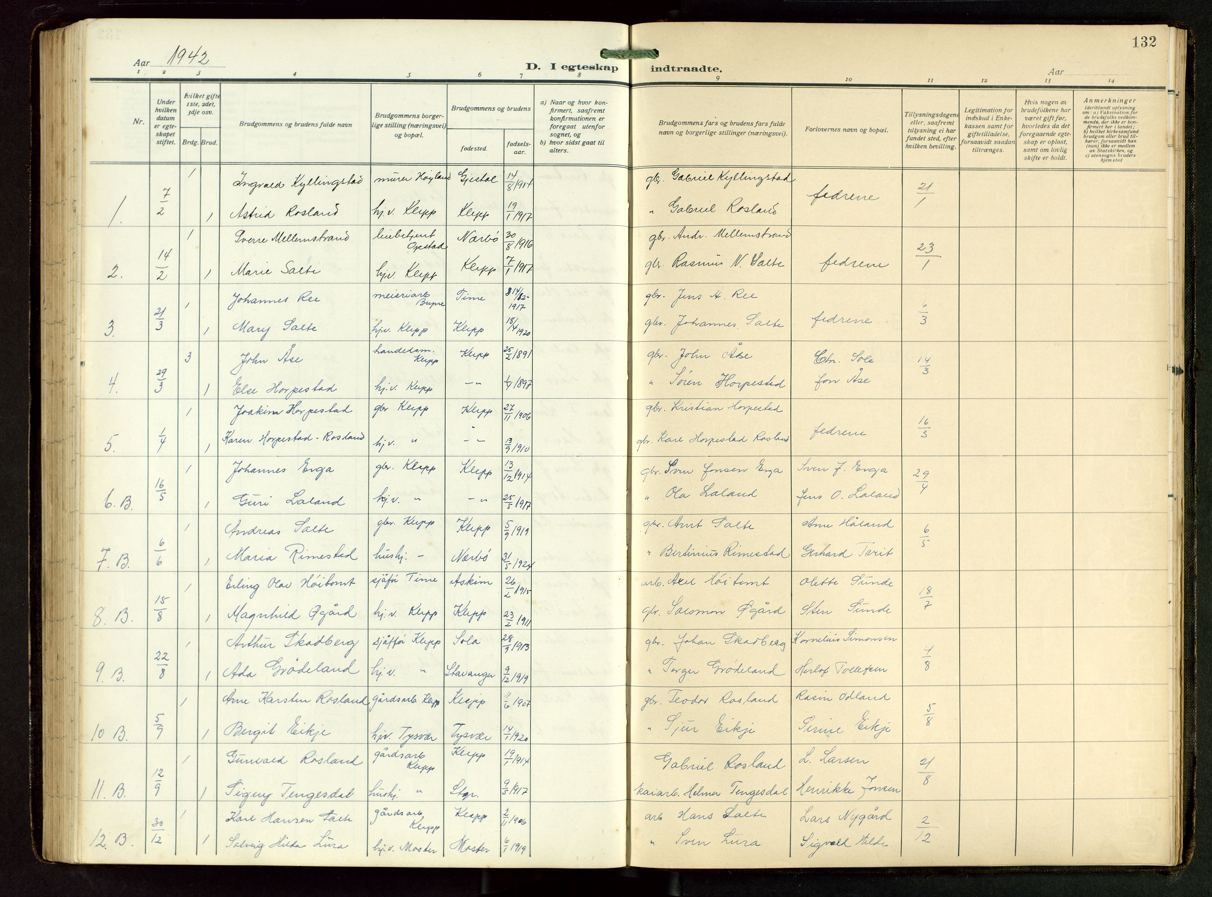Klepp sokneprestkontor, AV/SAST-A-101803/001/3/30BB/L0008: Klokkerbok nr. B 8, 1918-1949, s. 132