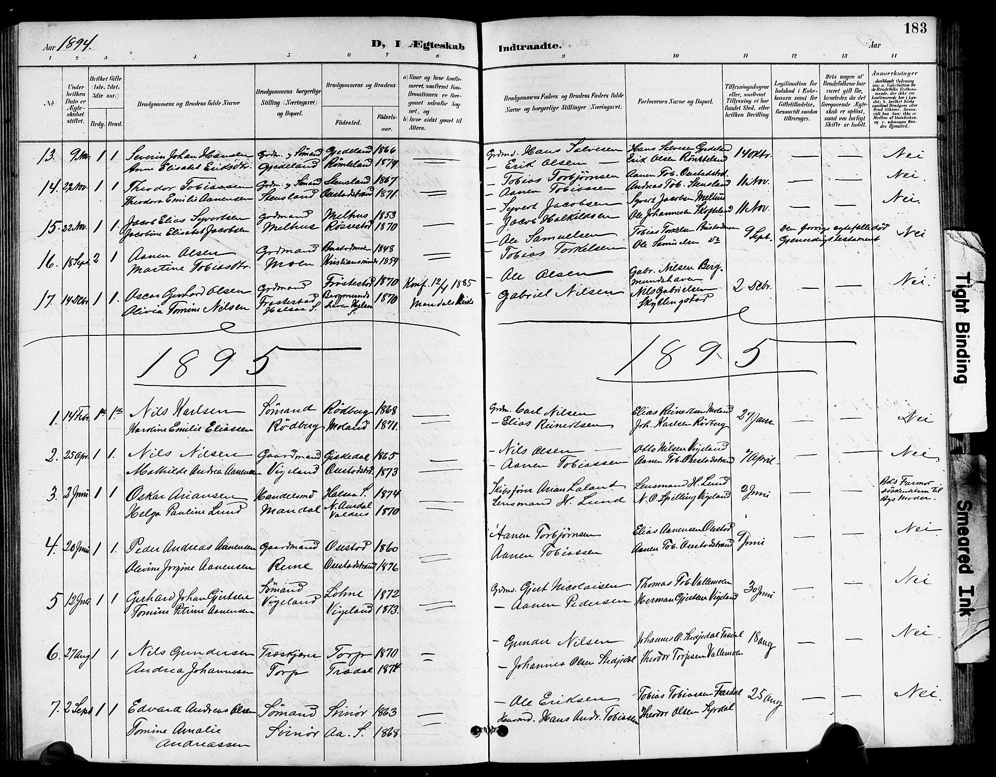 Sør-Audnedal sokneprestkontor, AV/SAK-1111-0039/F/Fb/Fbb/L0006: Klokkerbok nr. B 6, 1893-1915, s. 183