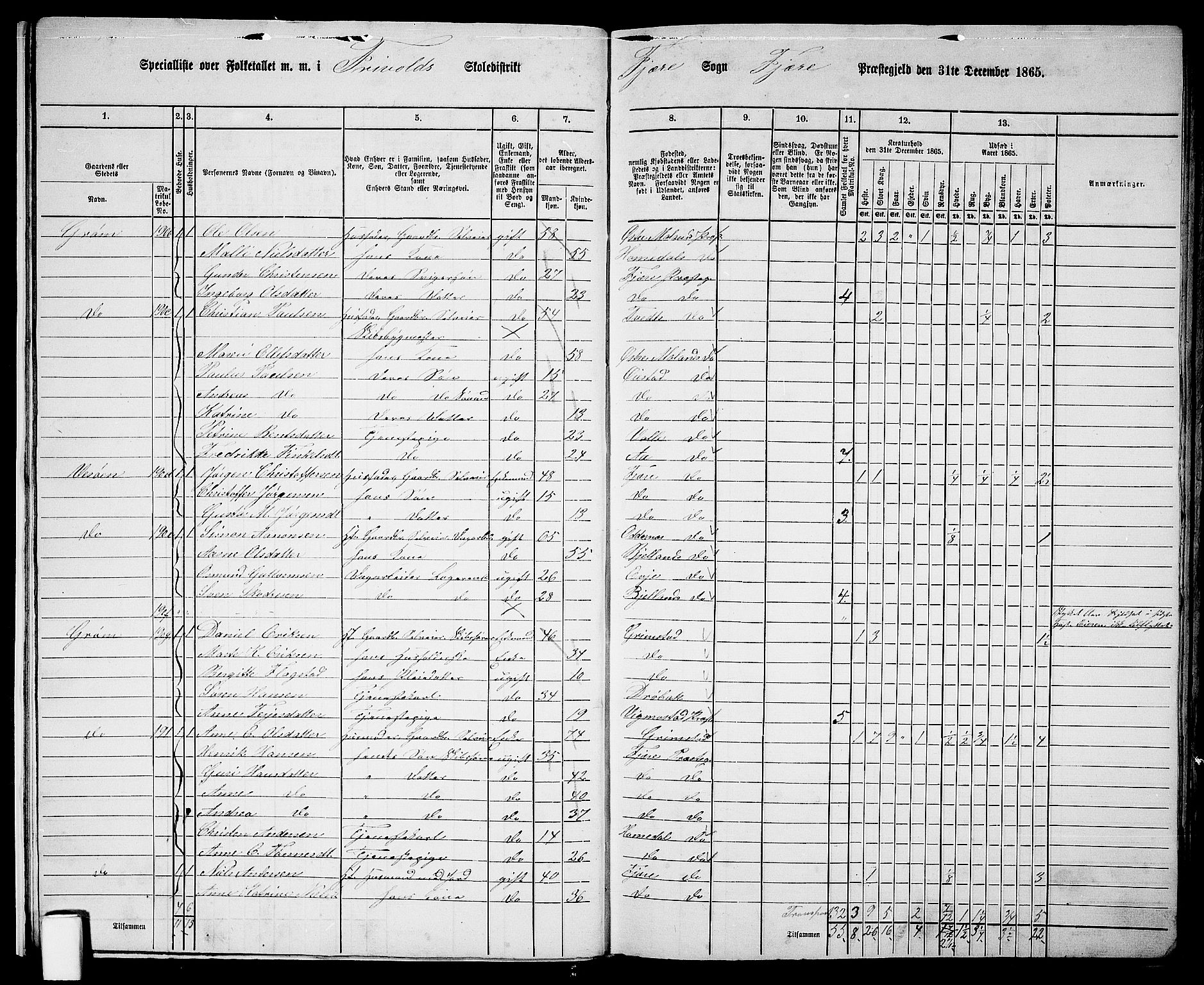 RA, Folketelling 1865 for 0923L Fjære prestegjeld, Fjære sokn, 1865, s. 15