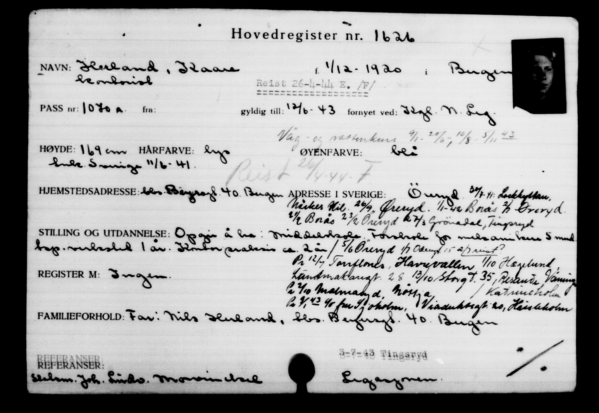 Utenriksstasjonene, Legasjonen i Stockholm, Flyktningkontoret, AV/RA-S-6753/V/Va/L0002: Kjesäterkartoteket, flyktninger med registreringsnr. 1001-2000, 1940-1945, s. 894