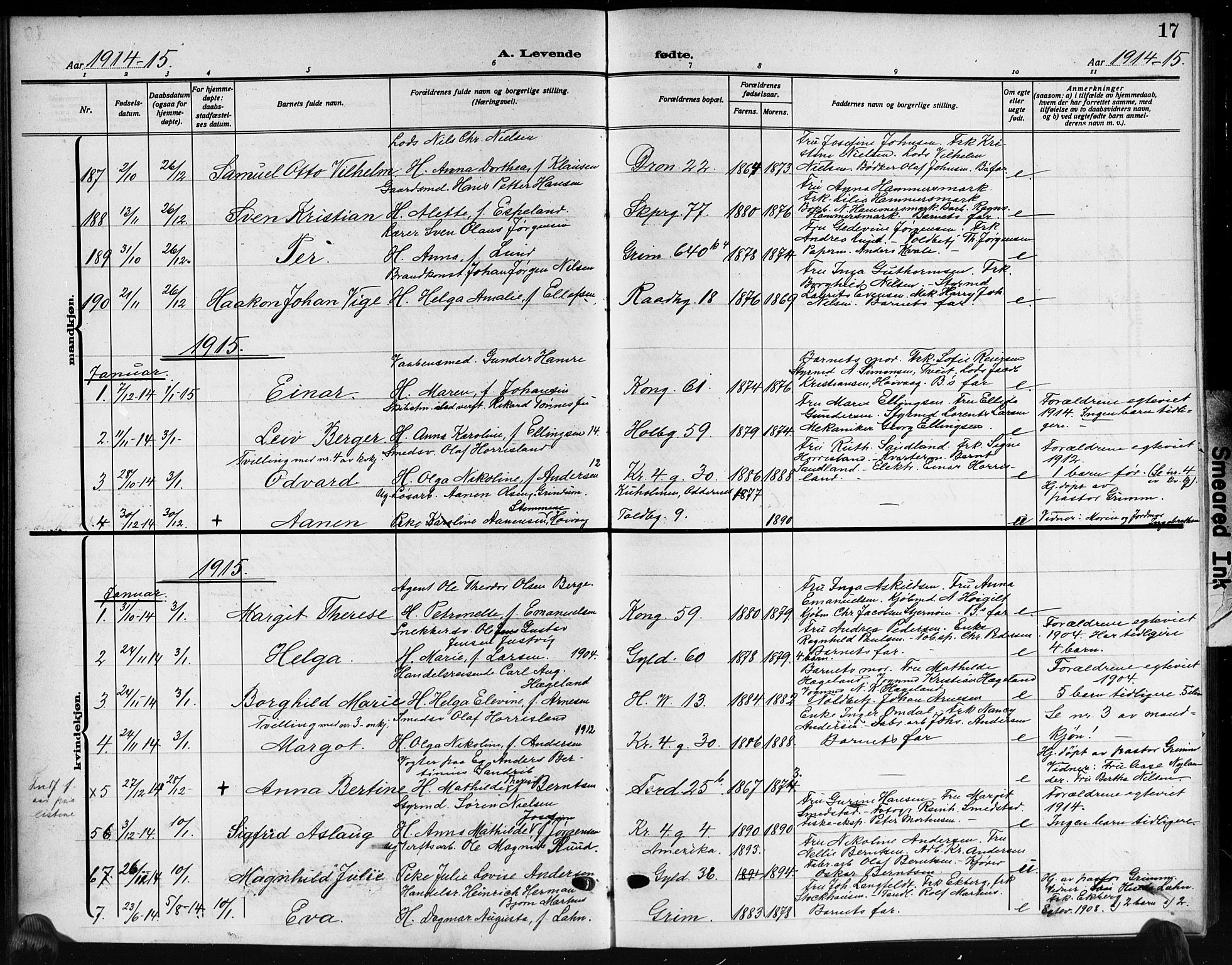 Kristiansand domprosti, AV/SAK-1112-0006/F/Fb/L0021: Klokkerbok nr. B 21, 1914-1923, s. 17