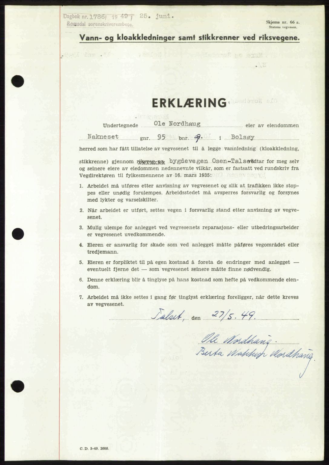 Romsdal sorenskriveri, SAT/A-4149/1/2/2C: Pantebok nr. A30, 1949-1949, Dagboknr: 1786/1949