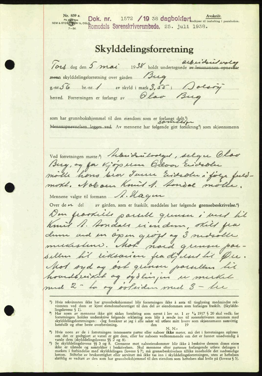 Romsdal sorenskriveri, SAT/A-4149/1/2/2C: Pantebok nr. A5, 1938-1938, Dagboknr: 1572/1938