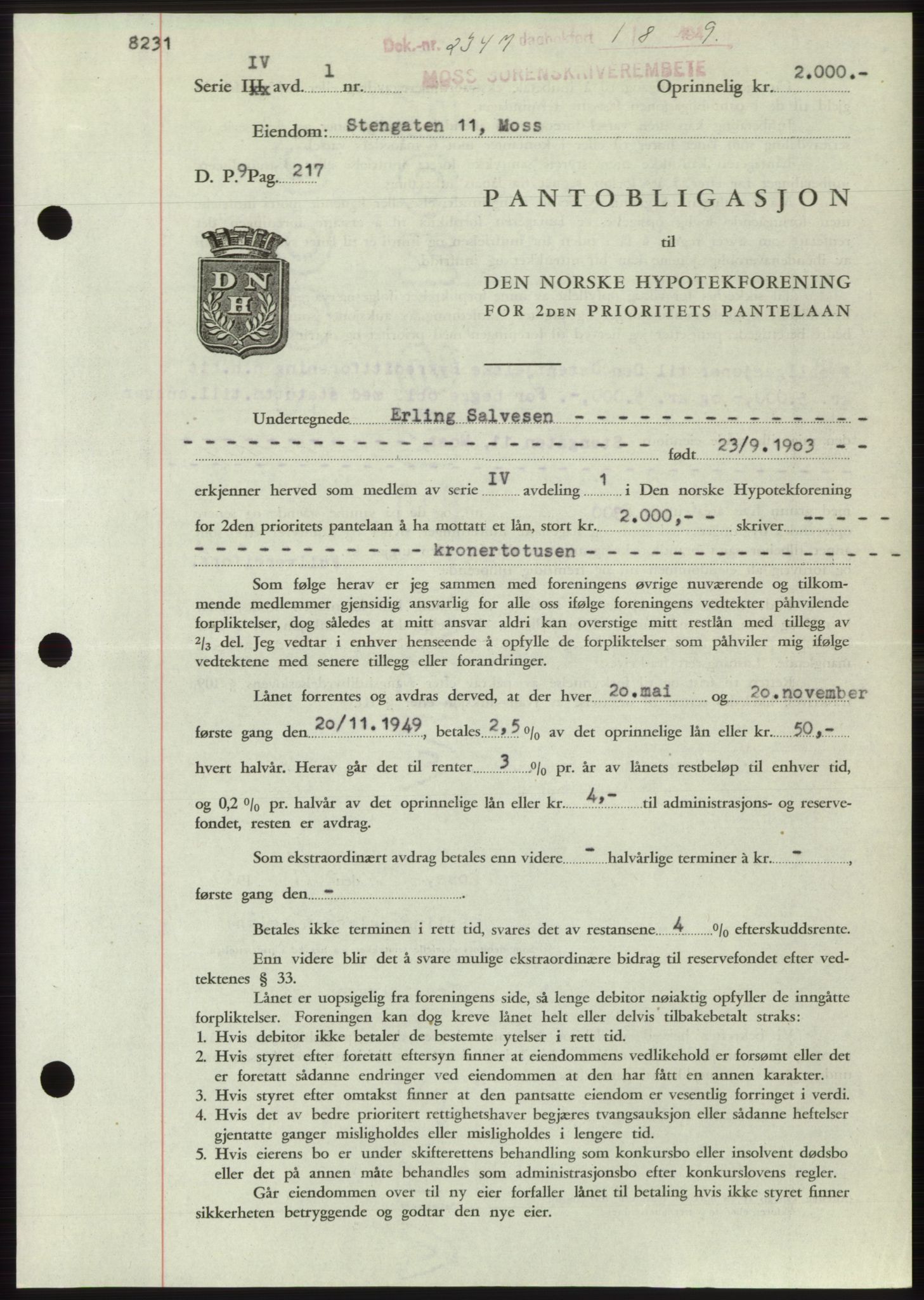 Moss sorenskriveri, SAO/A-10168: Pantebok nr. B22, 1949-1949, Dagboknr: 2347/1949