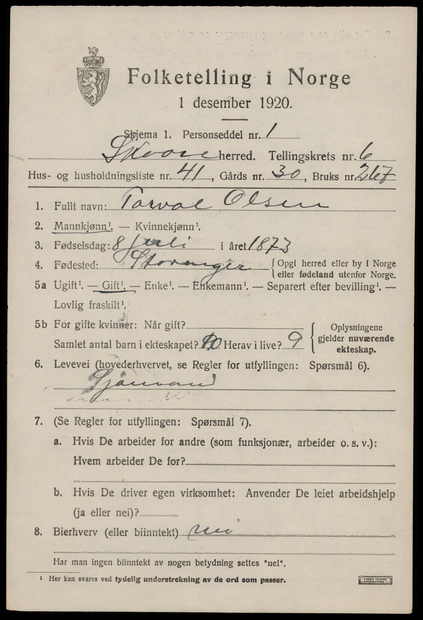 SAST, Folketelling 1920 for 1153 Skåre herred, 1920, s. 4546