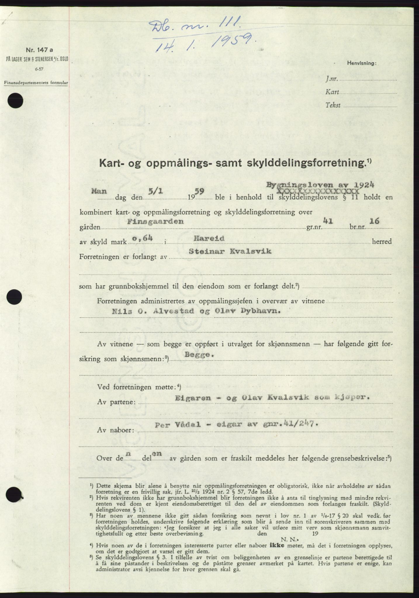 Søre Sunnmøre sorenskriveri, SAT/A-4122/1/2/2C/L0111: Pantebok nr. 37A, 1958-1959, Dagboknr: 111/1959