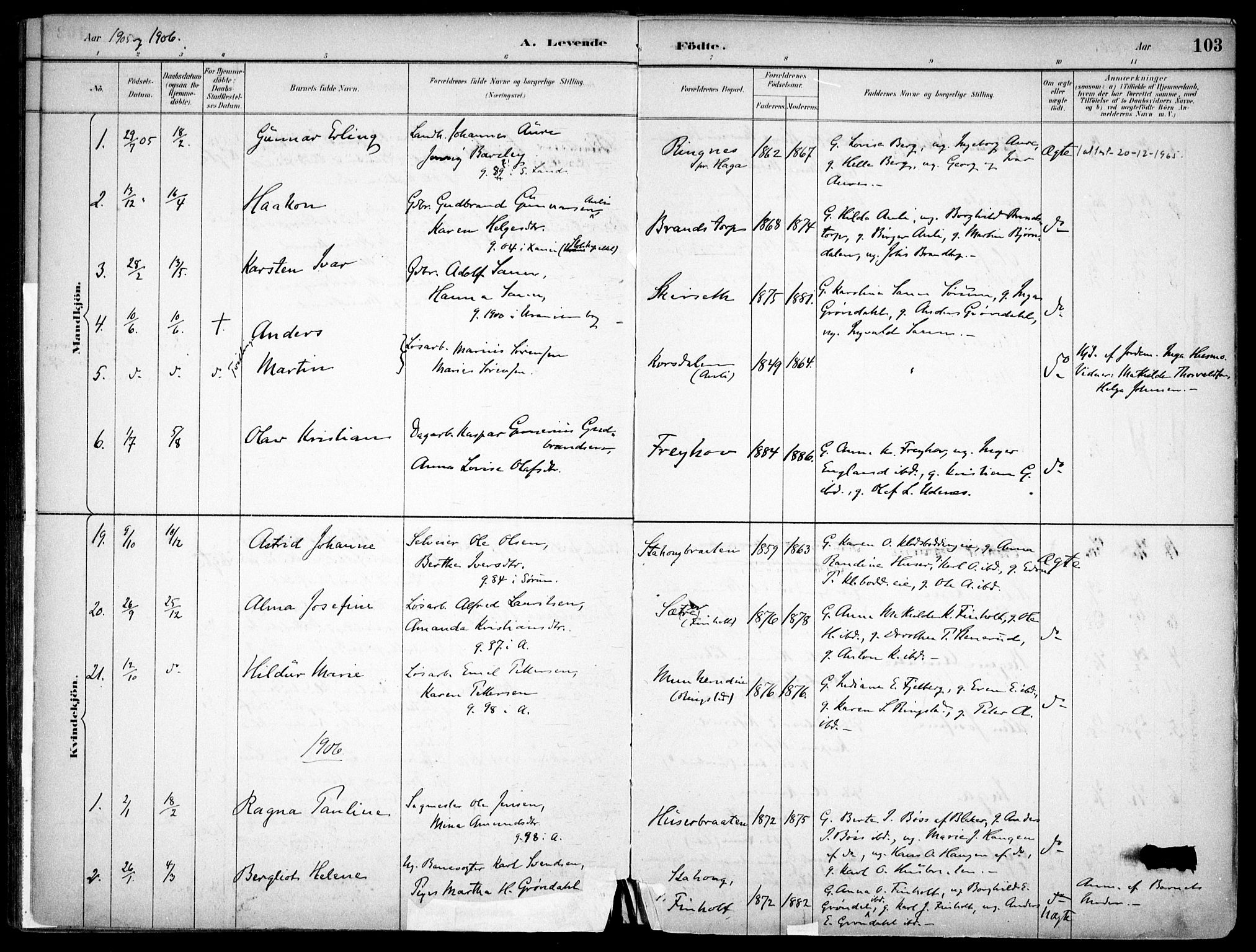 Nes prestekontor Kirkebøker, AV/SAO-A-10410/F/Fc/L0002: Ministerialbok nr. IIi 2, 1882-1916, s. 103
