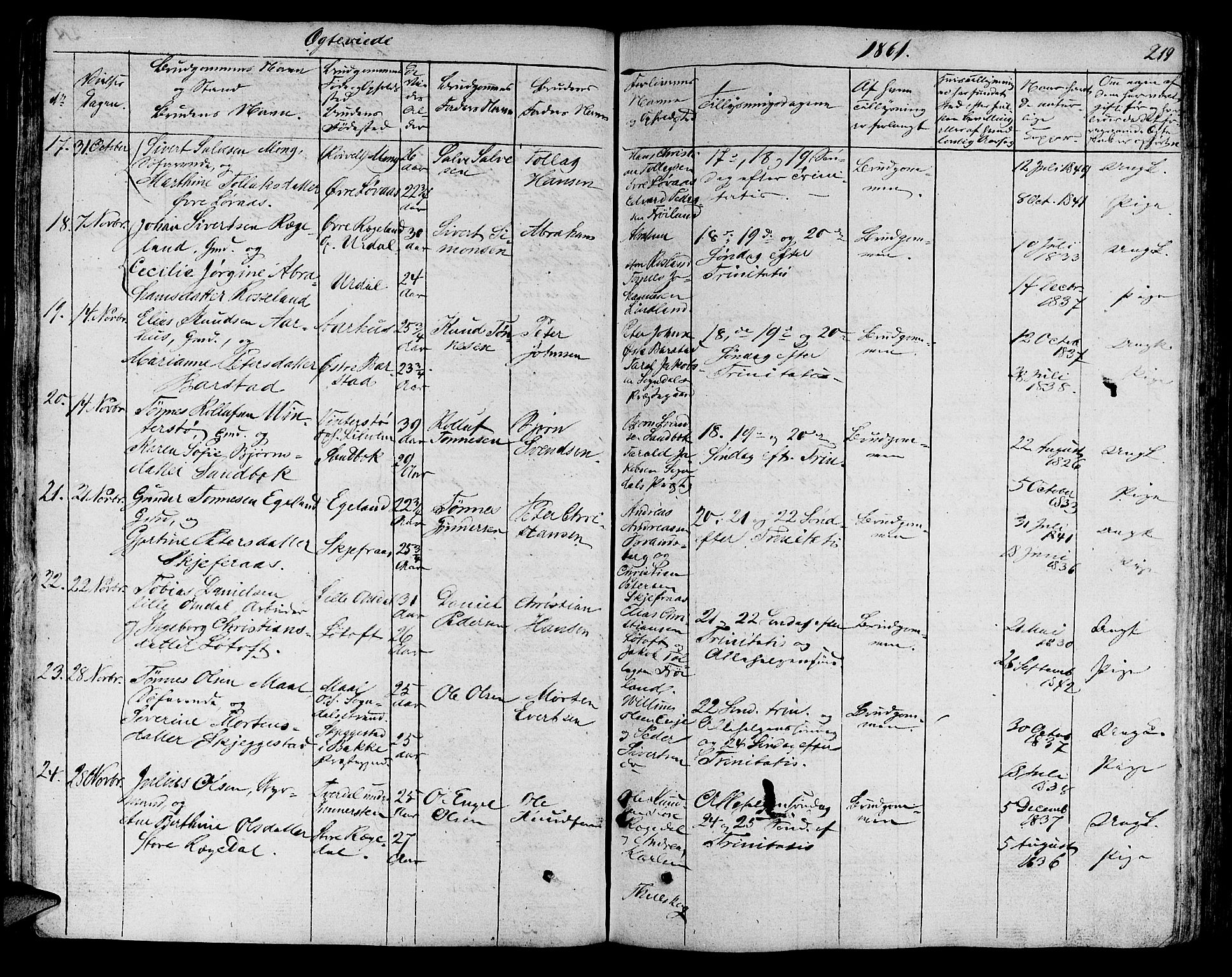 Sokndal sokneprestkontor, AV/SAST-A-101808: Klokkerbok nr. B 2, 1849-1865, s. 219