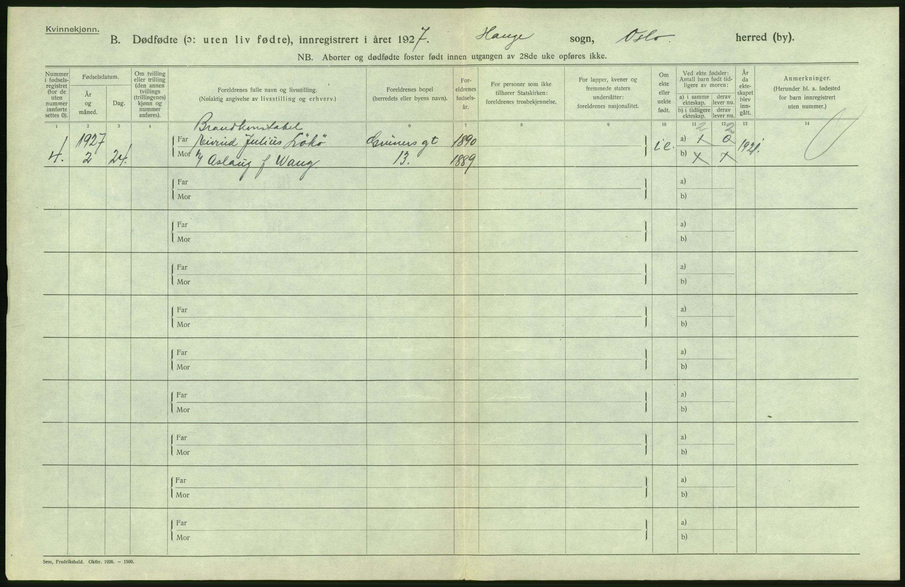 Statistisk sentralbyrå, Sosiodemografiske emner, Befolkning, AV/RA-S-2228/D/Df/Dfc/Dfcg/L0010: Oslo: Døde kvinner, dødfødte, 1927, s. 22