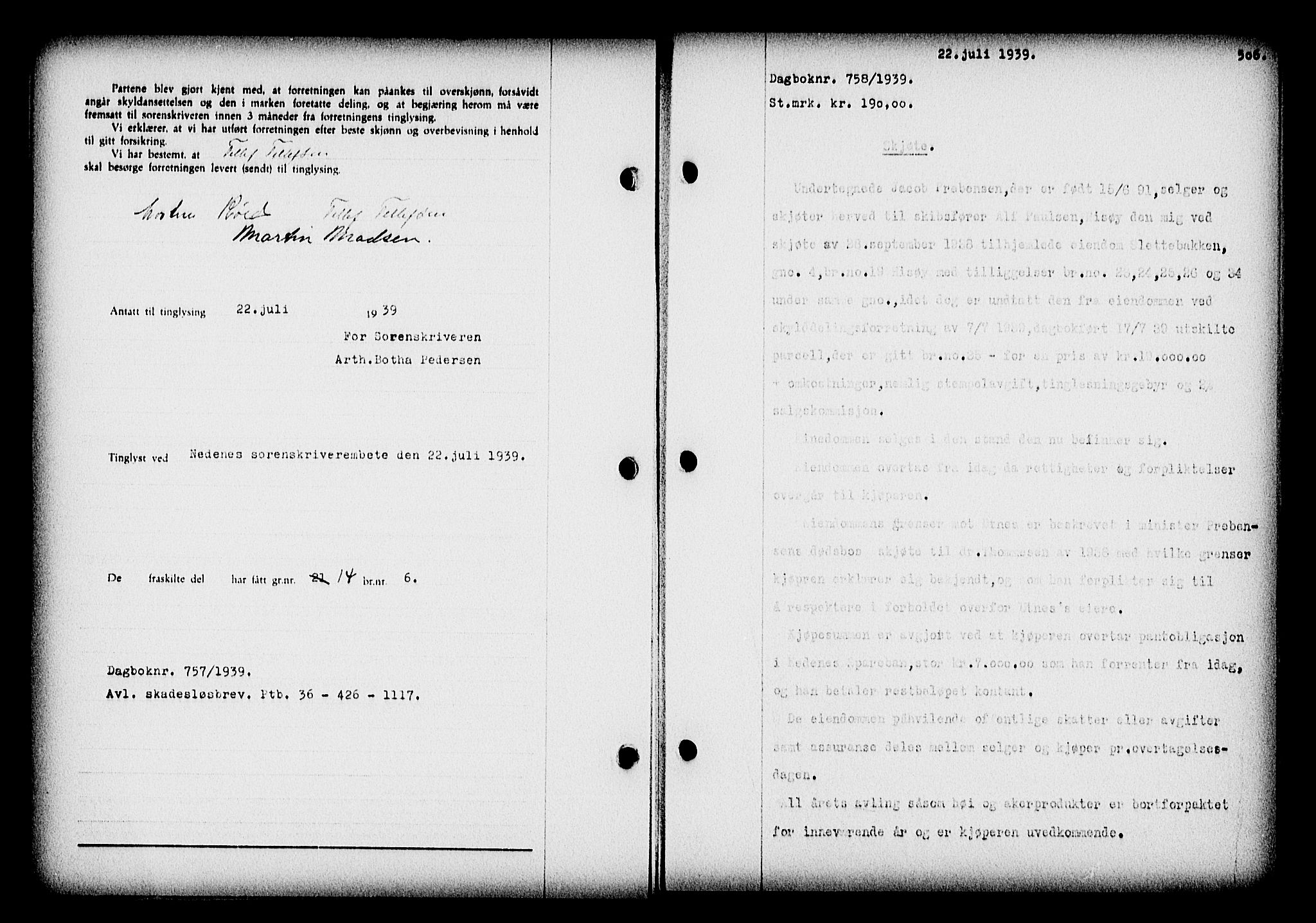 Nedenes sorenskriveri, SAK/1221-0006/G/Gb/Gba/L0046: Pantebok nr. 42, 1938-1939, Dagboknr: 758/1939