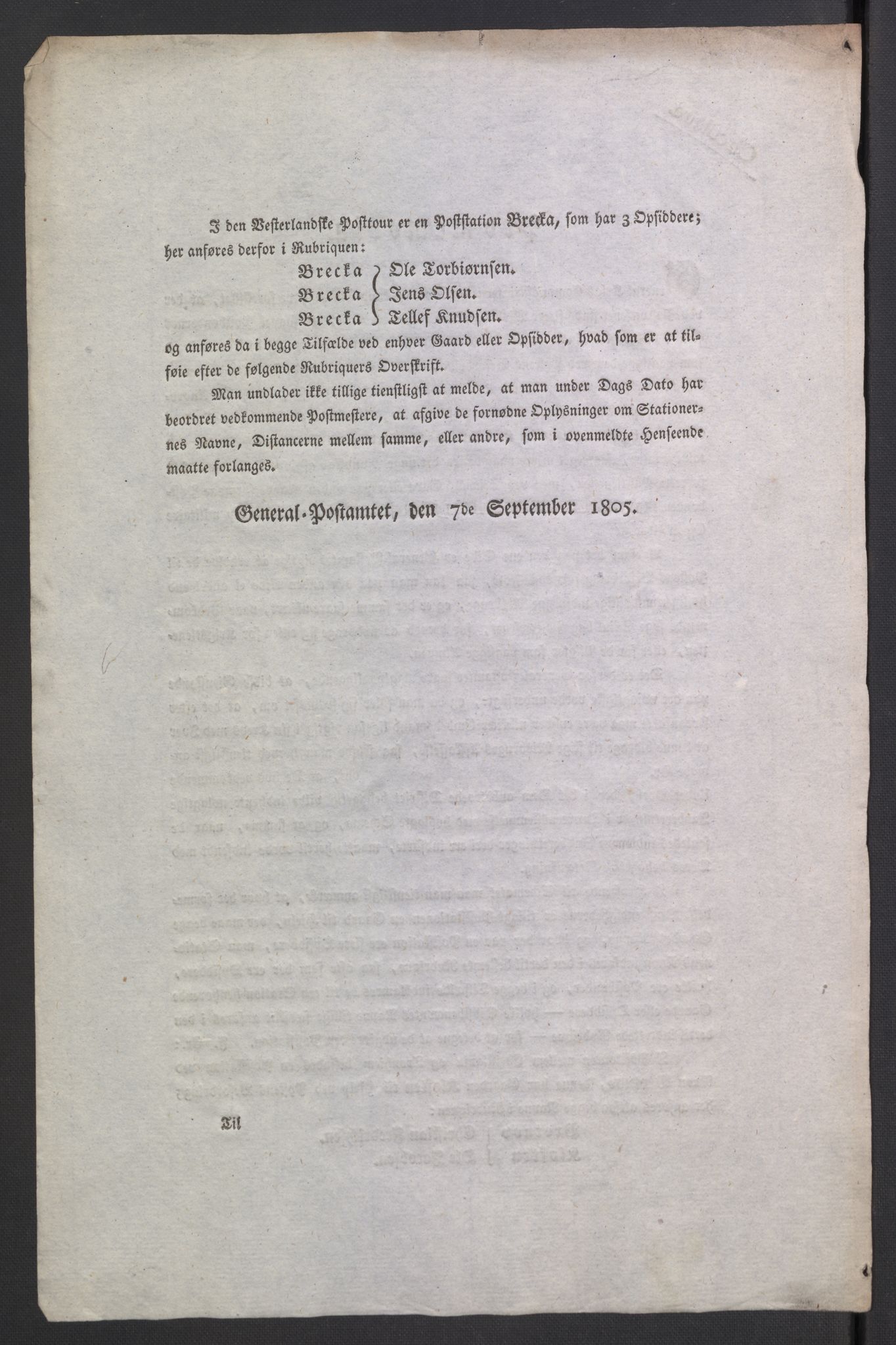 Generalpostdireksjonen 1719-1814, AV/RA-EA-3108/E/L0037/0001: Forskjellig angående postveier, embetssøknader, postryttere m.m.: / Nr. 35: Innberetninger om postveienes tilstand og betenkninger om postgangens tid, 1805