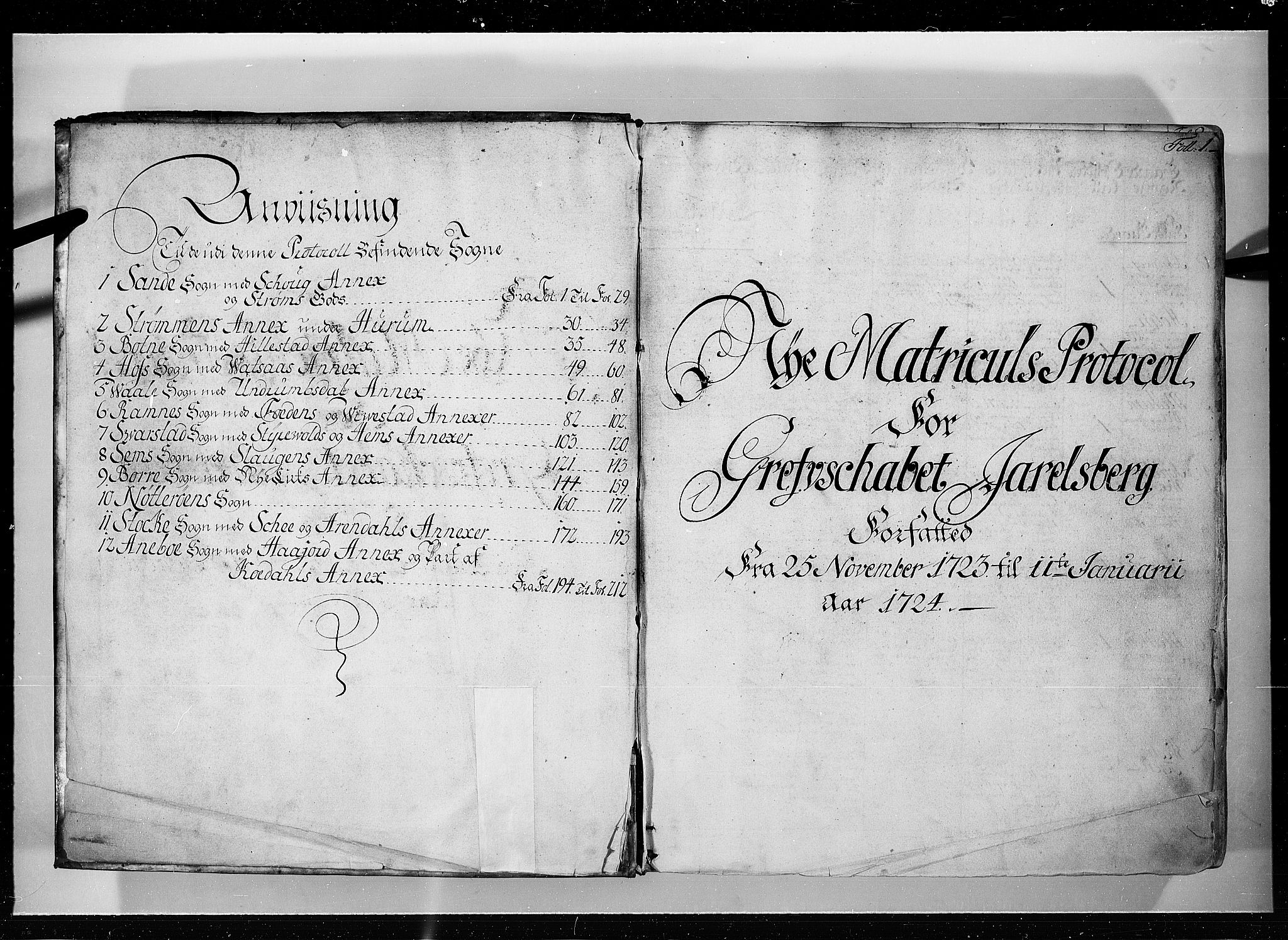 Rentekammeret inntil 1814, Realistisk ordnet avdeling, RA/EA-4070/N/Nb/Nbf/L0115: Jarlsberg grevskap eksaminasjonsprotokoll, 1723, s. 1a