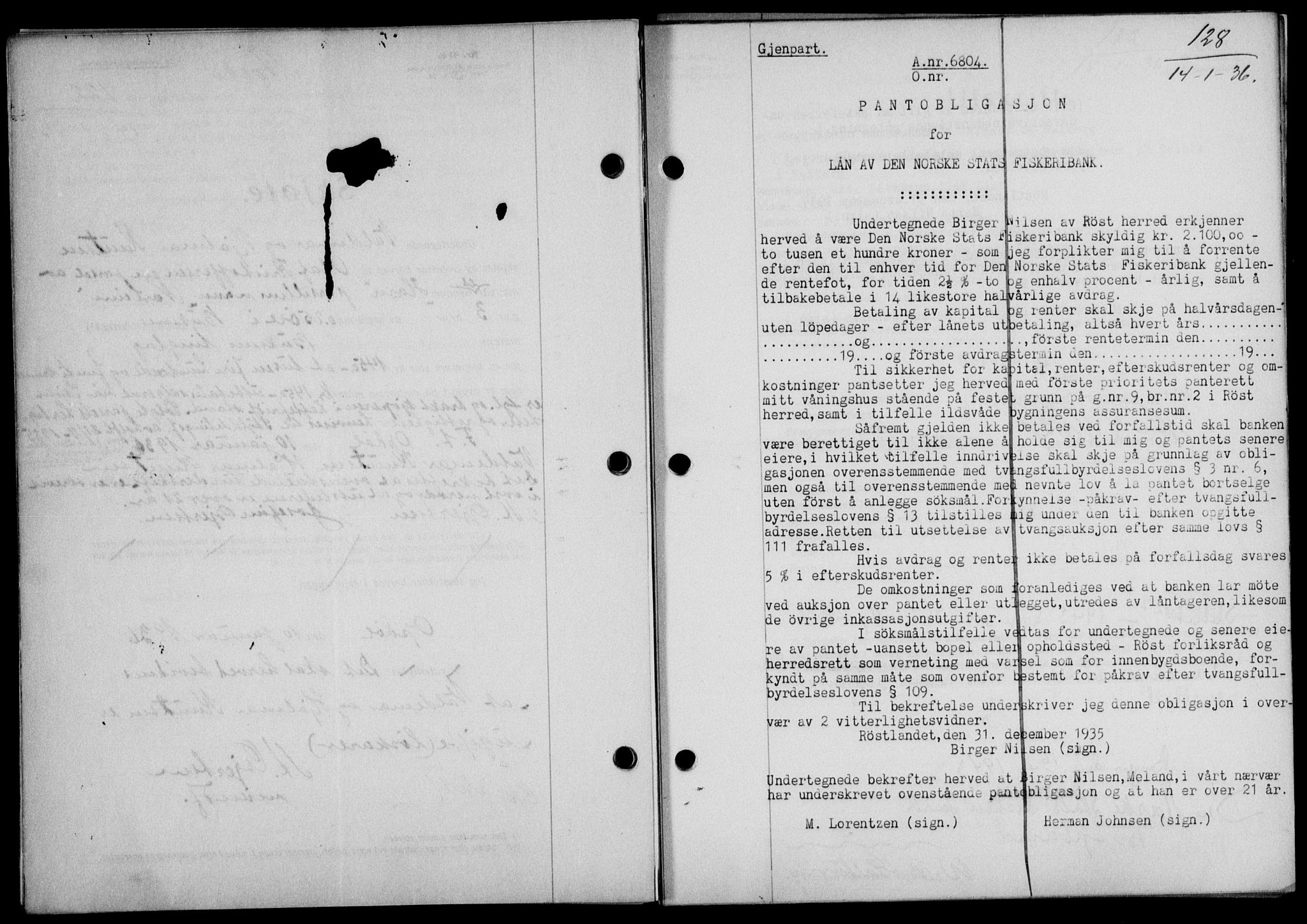 Lofoten sorenskriveri, SAT/A-0017/1/2/2C/L0033b: Pantebok nr. 33b, 1936-1936, Dagboknr: 128/1936