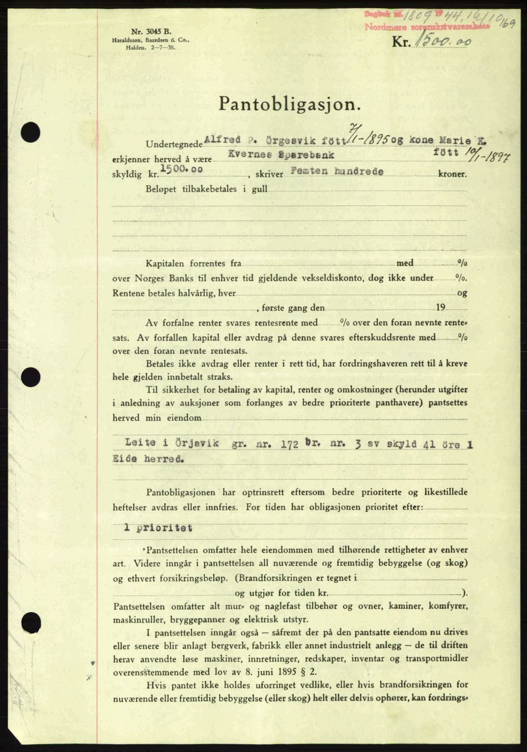 Nordmøre sorenskriveri, AV/SAT-A-4132/1/2/2Ca: Pantebok nr. B92, 1944-1945, Dagboknr: 1809/1944