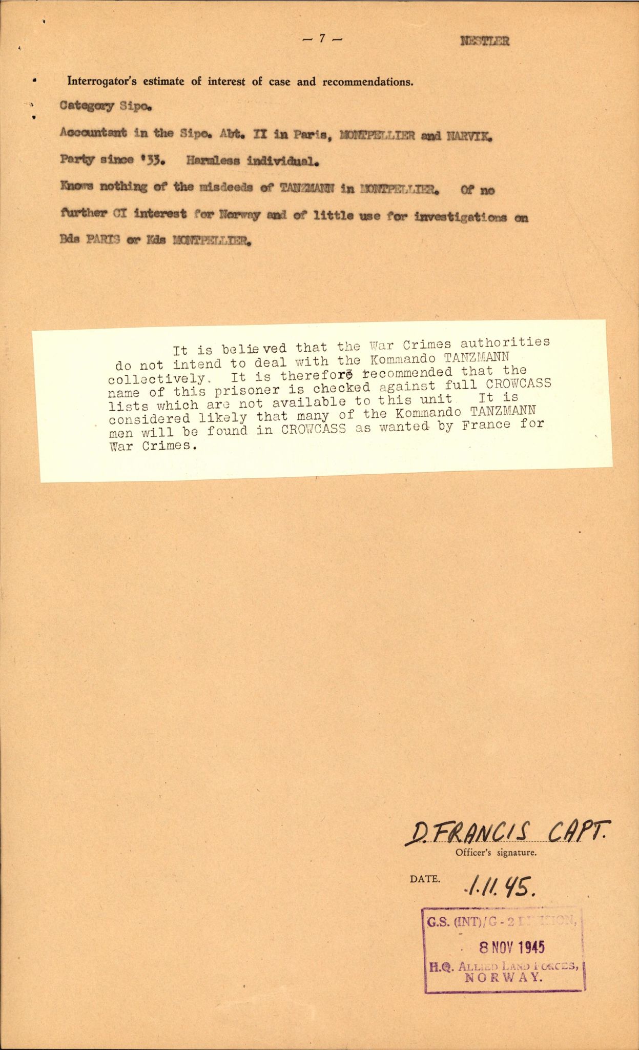 Forsvaret, Forsvarets overkommando II, RA/RAFA-3915/D/Db/L0023: CI Questionaires. Tyske okkupasjonsstyrker i Norge. Tyskere., 1945-1946, s. 540