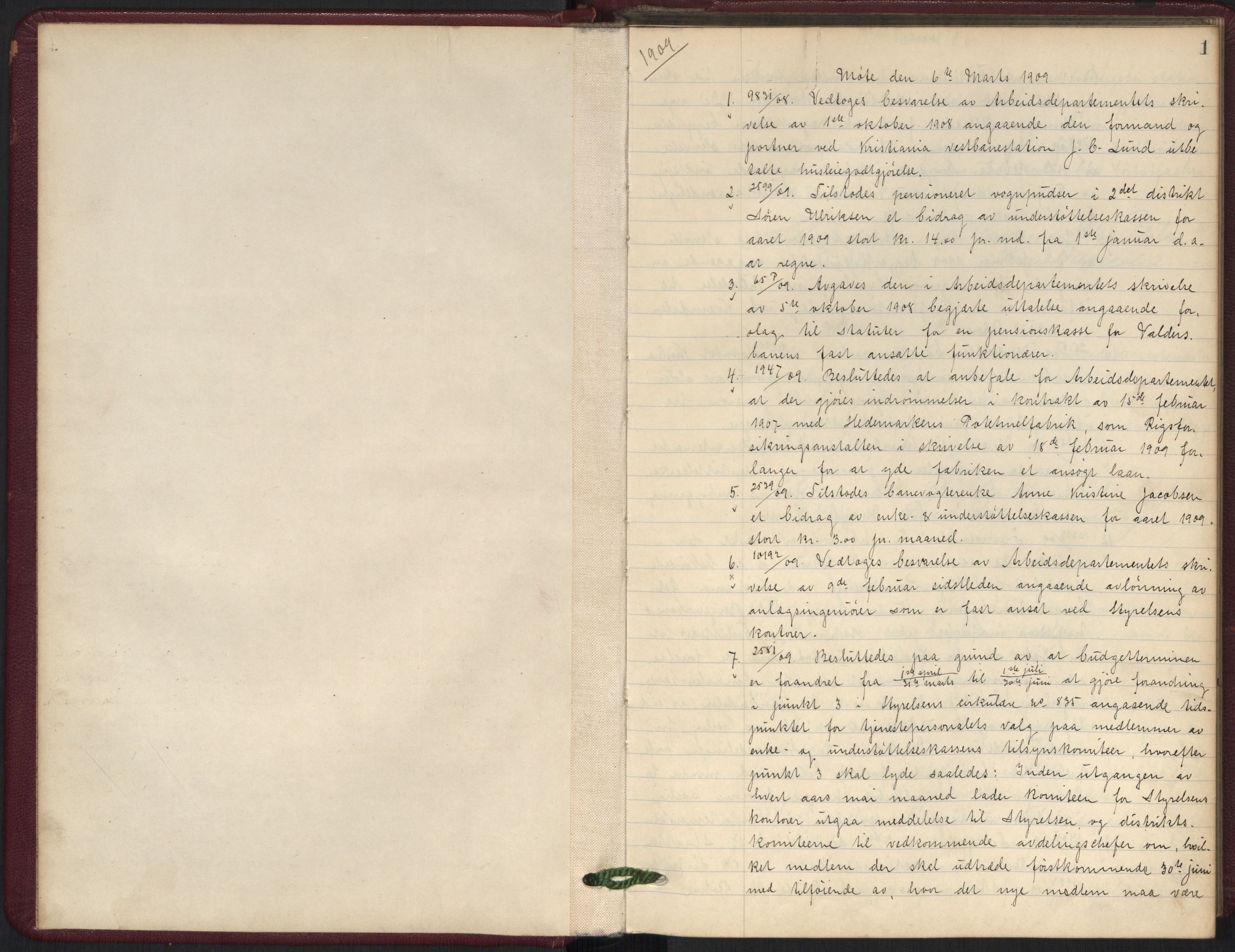 Norges statsbaner, Administrasjons- økonomi- og personalavdelingen, AV/RA-S-3412/A/Aa/L0010: Forhandlingsprotokoll, 1909-1910, s. 1