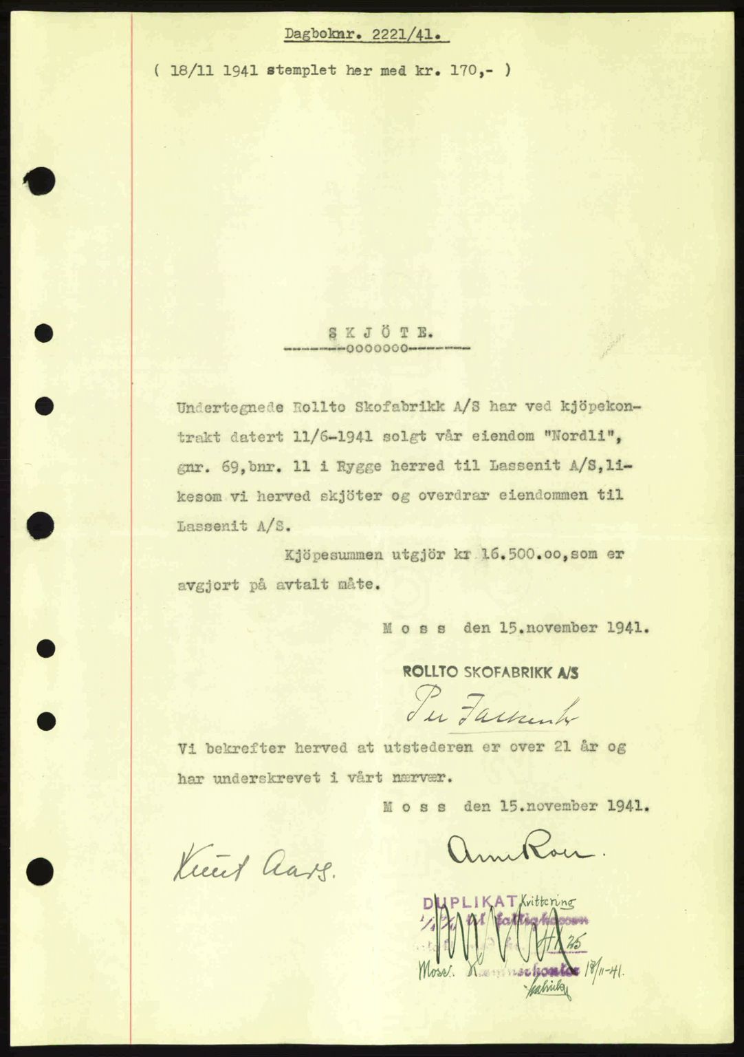 Moss sorenskriveri, SAO/A-10168: Pantebok nr. A9, 1941-1942, Dagboknr: 2221/1941