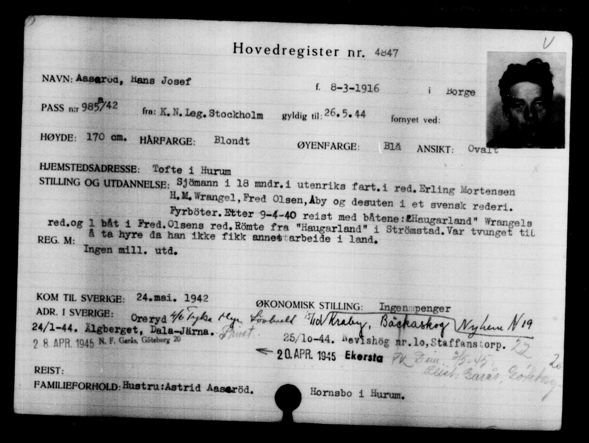 Den Kgl. Norske Legasjons Flyktningskontor, AV/RA-S-6753/V/Va/L0004: Kjesäterkartoteket.  Flyktningenr. 3496-6610, 1940-1945, s. 1603