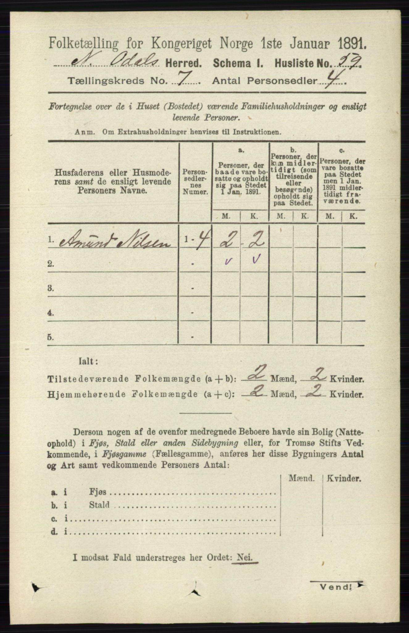 RA, Folketelling 1891 for 0418 Nord-Odal herred, 1891, s. 2831