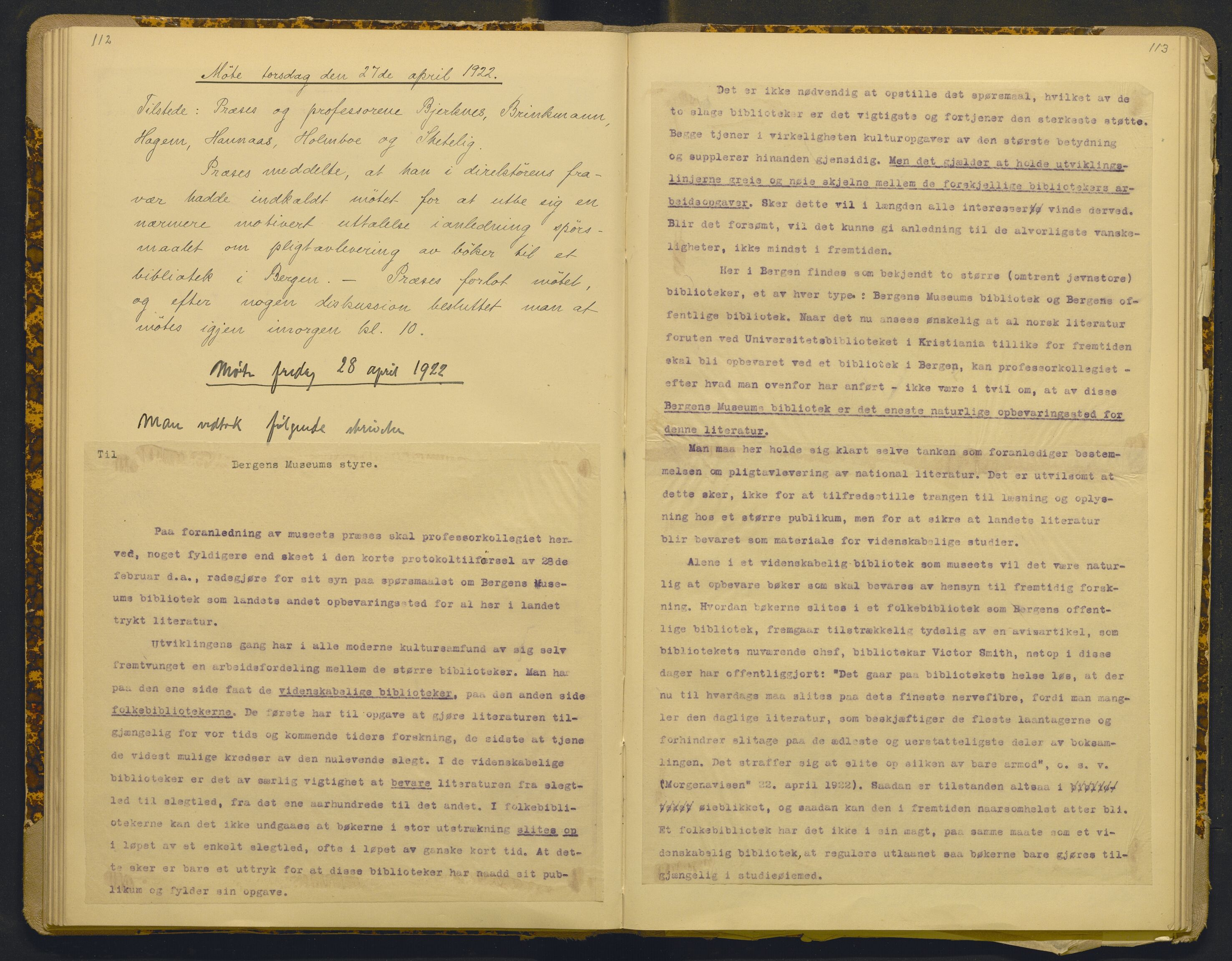 Bergens Museum, AV/SAB-A-17301/18/A/L0001: Bestyrerkollegiets forhandlingsprotokoll med register , 1907-1927, s. 112-113