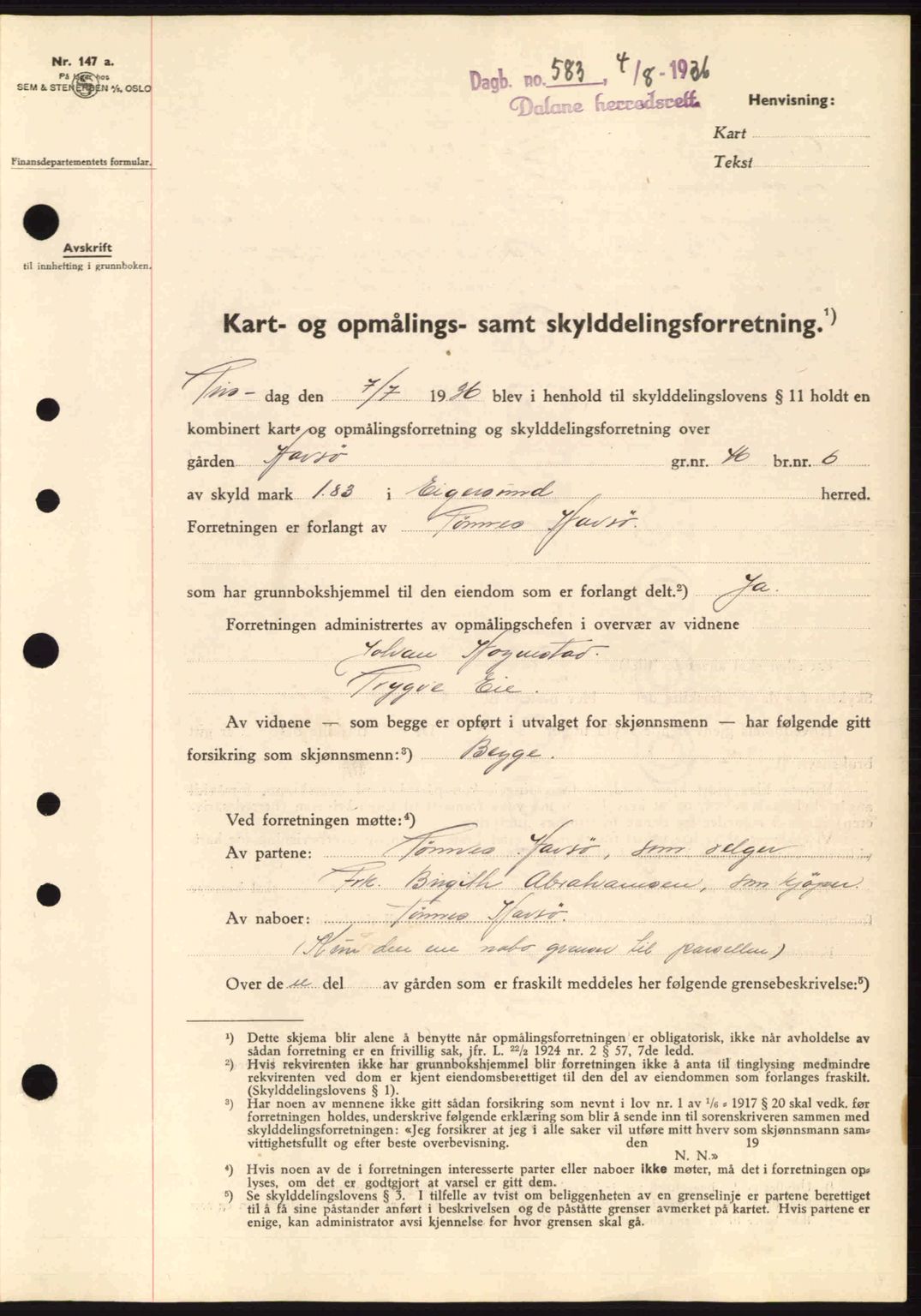 Dalane sorenskriveri, SAST/A-100309/02/G/Gb/L0040: Pantebok nr. A1, 1936-1936, Dagboknr: 583/1936