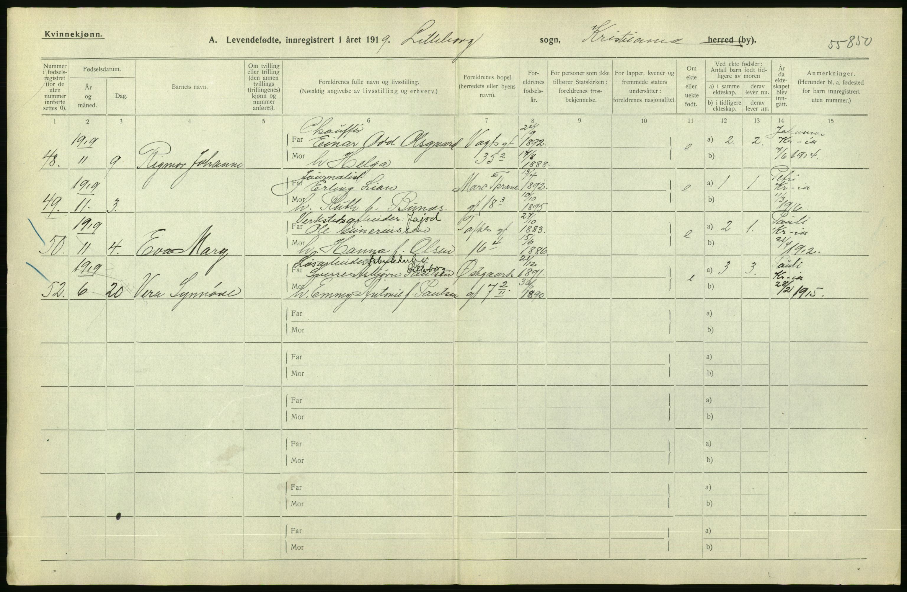 Statistisk sentralbyrå, Sosiodemografiske emner, Befolkning, AV/RA-S-2228/D/Df/Dfb/Dfbi/L0008: Kristiania: Levendefødte menn og kvinner., 1919