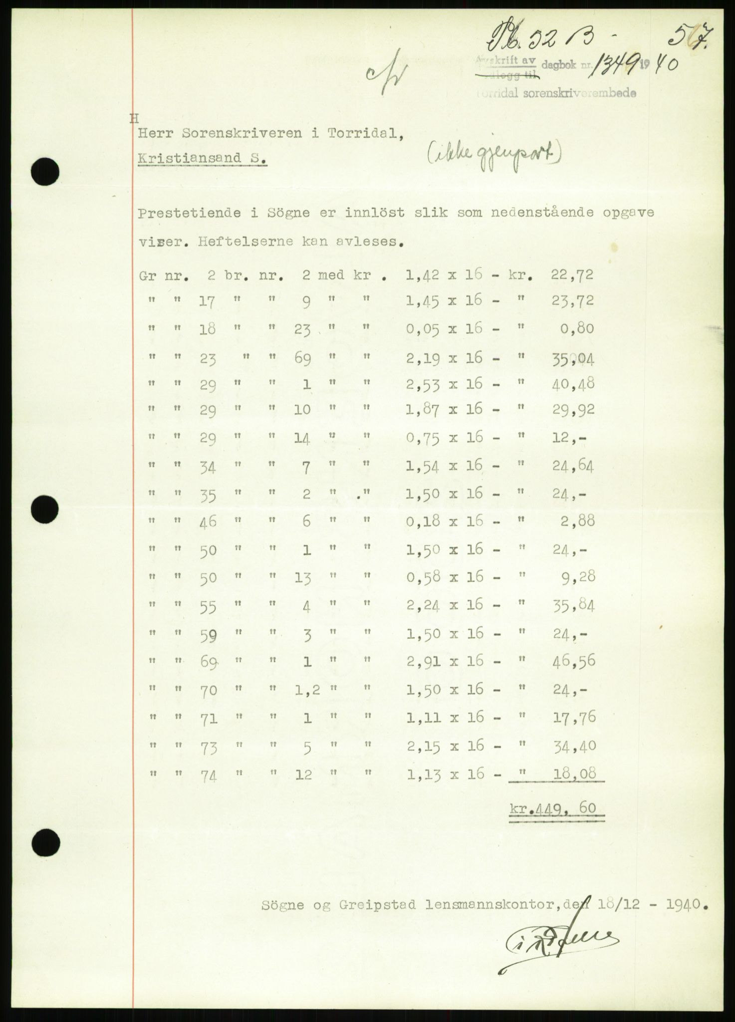 Torridal sorenskriveri, SAK/1221-0012/G/Gb/Gbb/L0008: Pantebok nr. 52b, 1940-1942, Dagboknr: 1349/1940