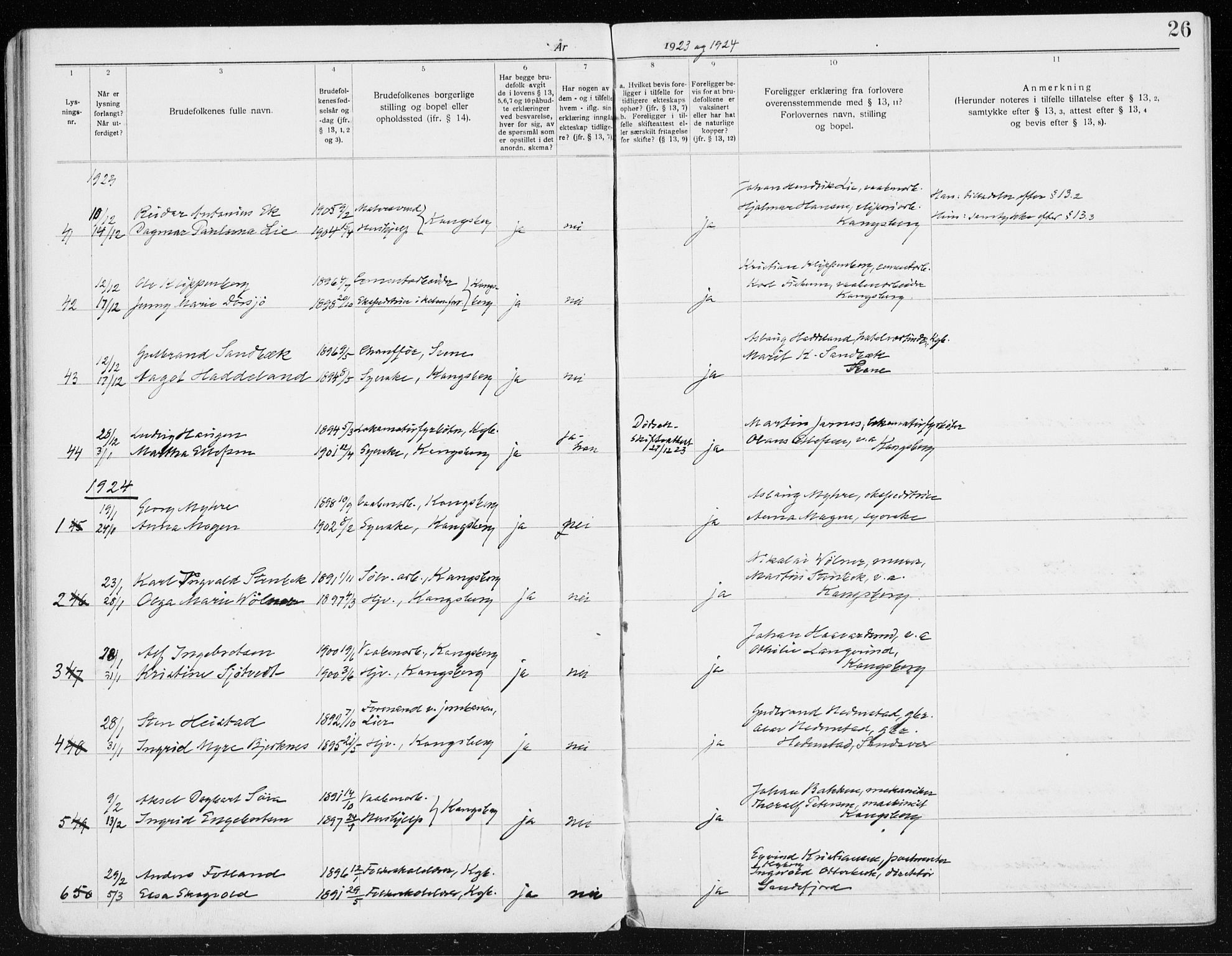 Kongsberg kirkebøker, AV/SAKO-A-22/H/Ha/L0001: Lysningsprotokoll nr. 1, 1919-1939, s. 26