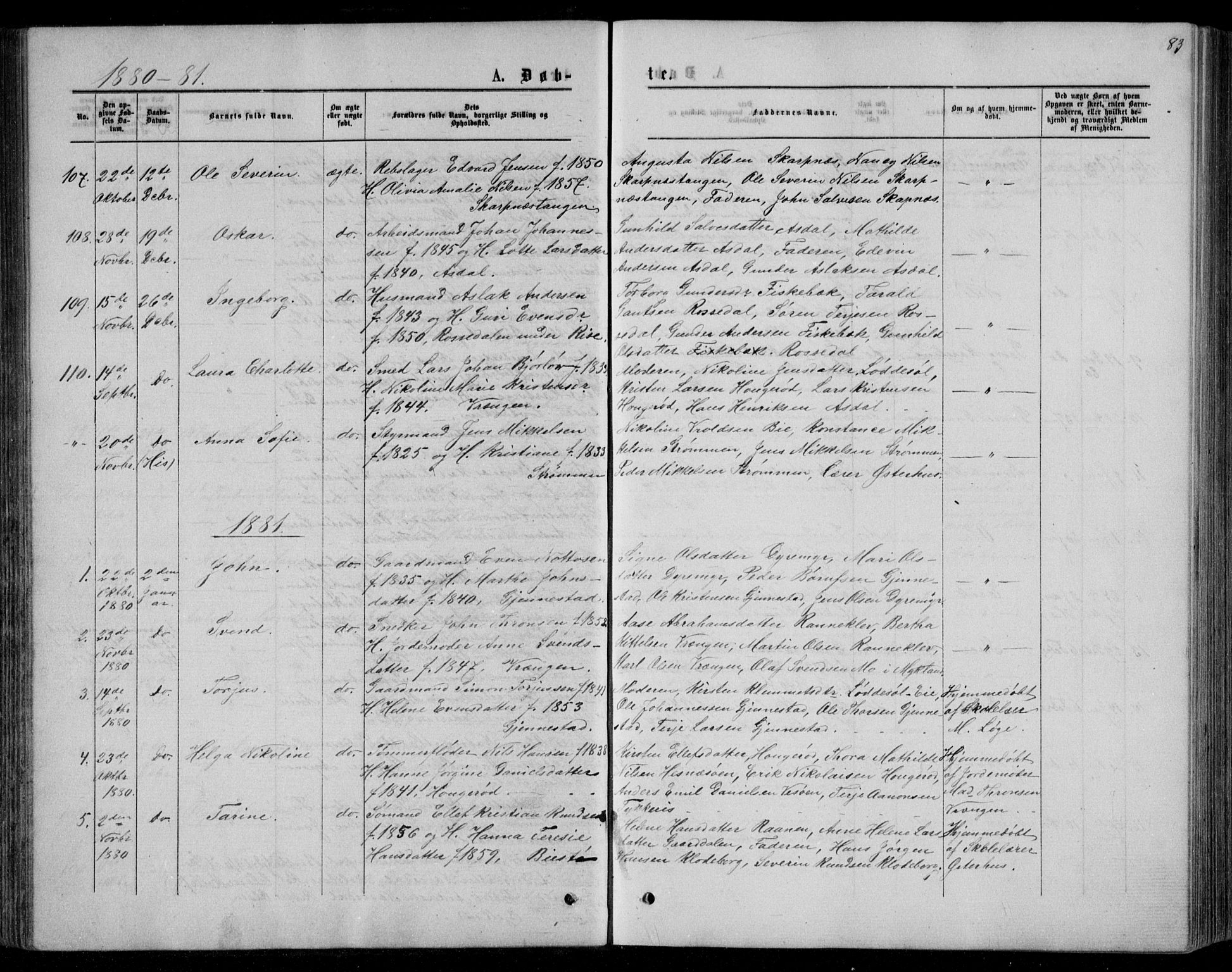 Øyestad sokneprestkontor, AV/SAK-1111-0049/F/Fb/L0008: Klokkerbok nr. B 8, 1872-1886, s. 83
