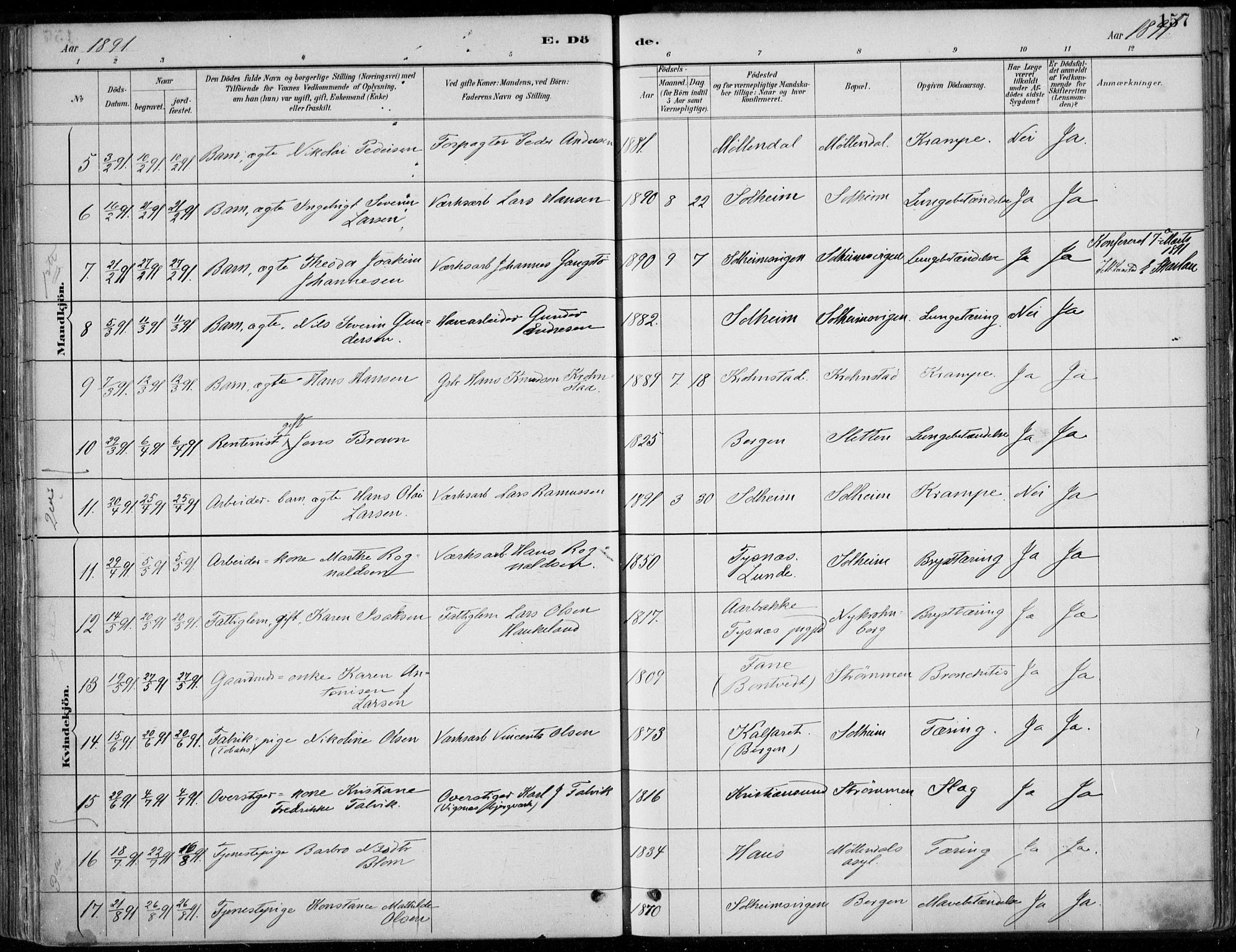 Årstad Sokneprestembete, AV/SAB-A-79301/H/Haa/L0006: Ministerialbok nr. B 1, 1886-1901, s. 157