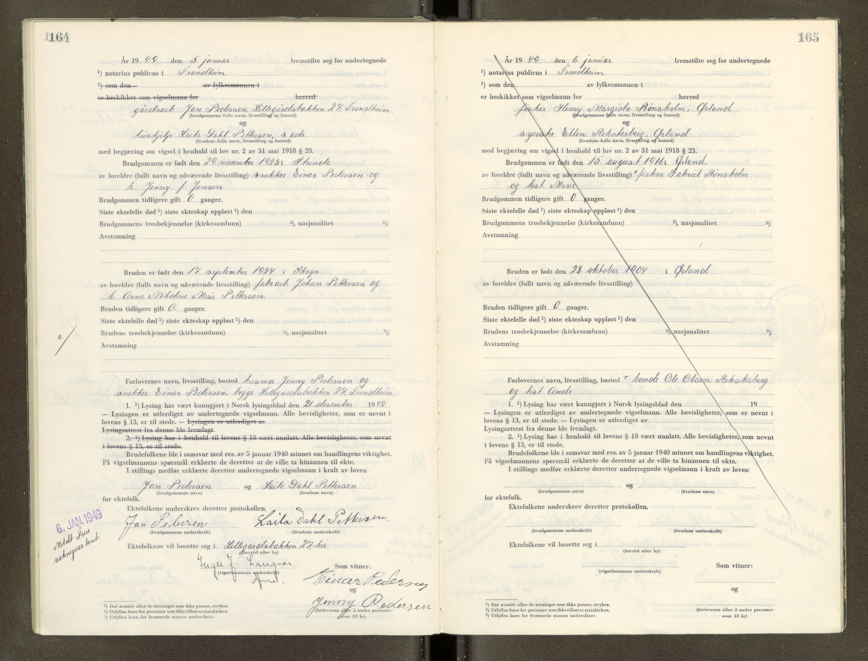 Trondheim byfogd, AV/SAT-A-0003/1/6/6D/L0006: Vigselbøker, 1948-1952, s. 164-165