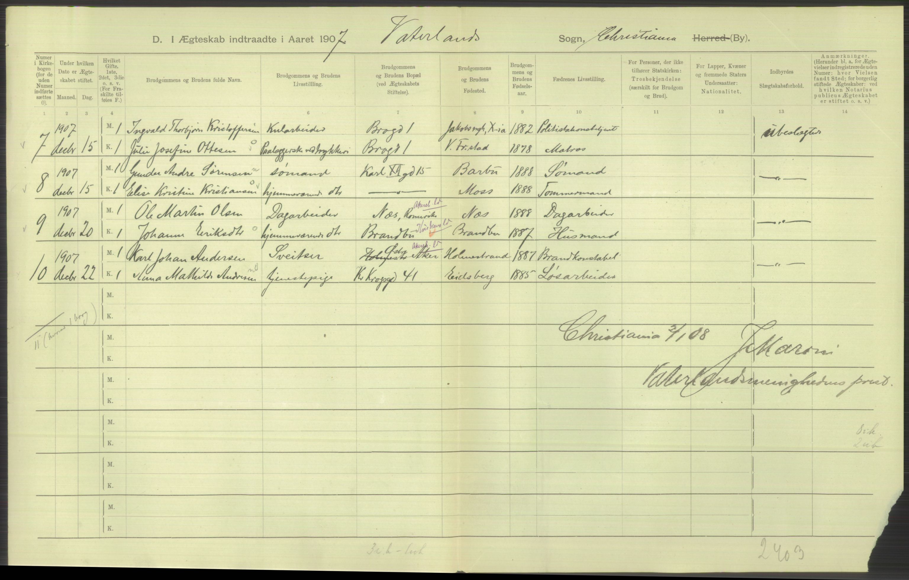 Statistisk sentralbyrå, Sosiodemografiske emner, Befolkning, AV/RA-S-2228/D/Df/Dfa/Dfae/L0008: Kristiania: Gifte, 1907, s. 600