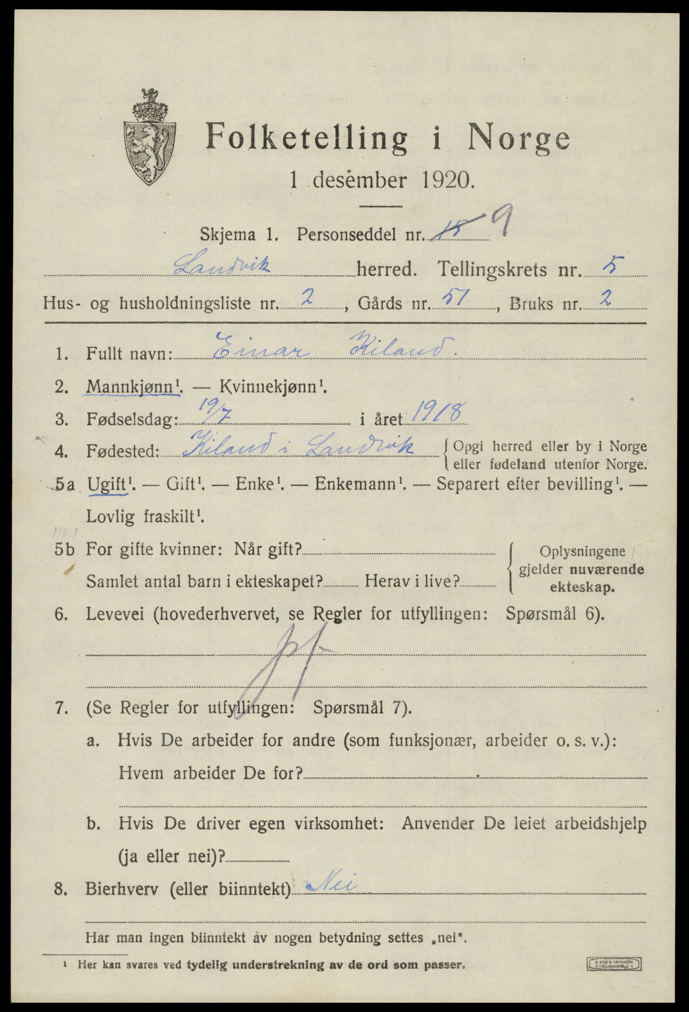 SAK, Folketelling 1920 for 0924 Landvik herred, 1920, s. 4036