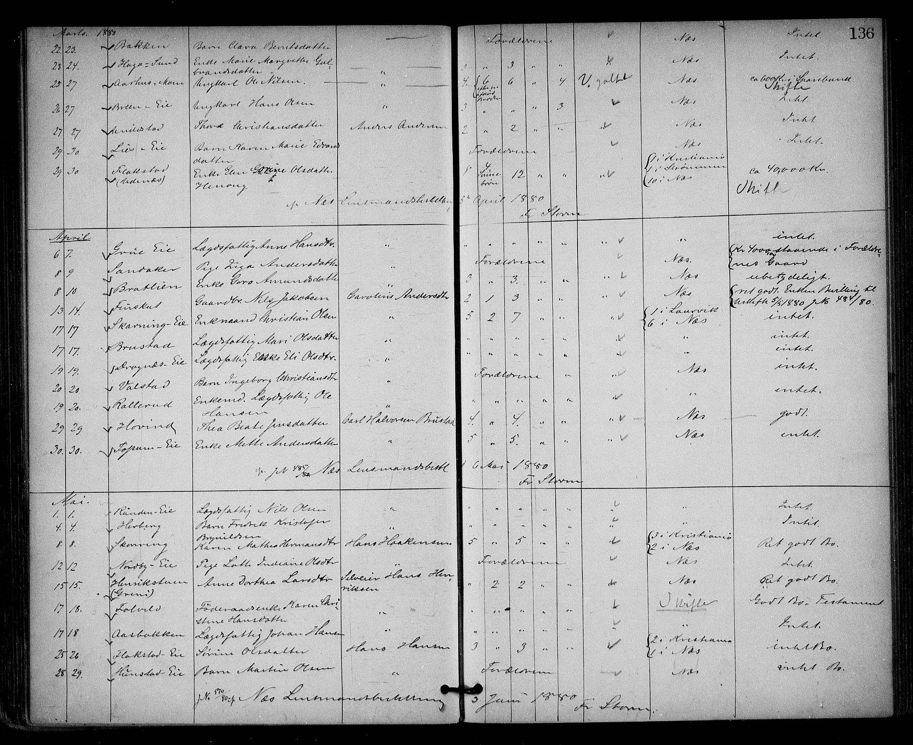 Nes tingrett, AV/SAO-A-10548/H/Ha/Haa/L0001: Dødsfallsprotokoll, 1876-1905, s. 136