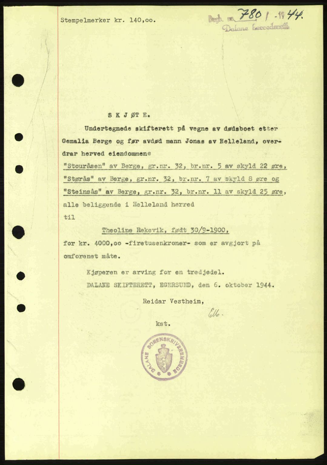 Dalane sorenskriveri, SAST/A-100309/02/G/Gb/L0047: Pantebok nr. A8 I, 1944-1945, Dagboknr: 780/1944