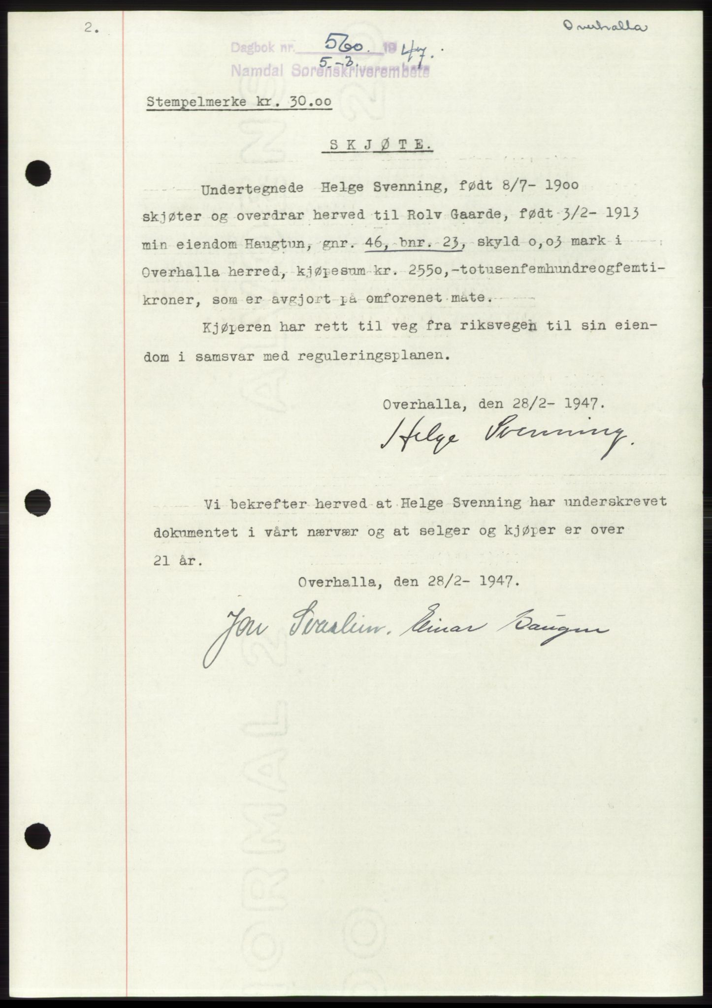 Namdal sorenskriveri, SAT/A-4133/1/2/2C: Pantebok nr. -, 1946-1947, Dagboknr: 560/1947