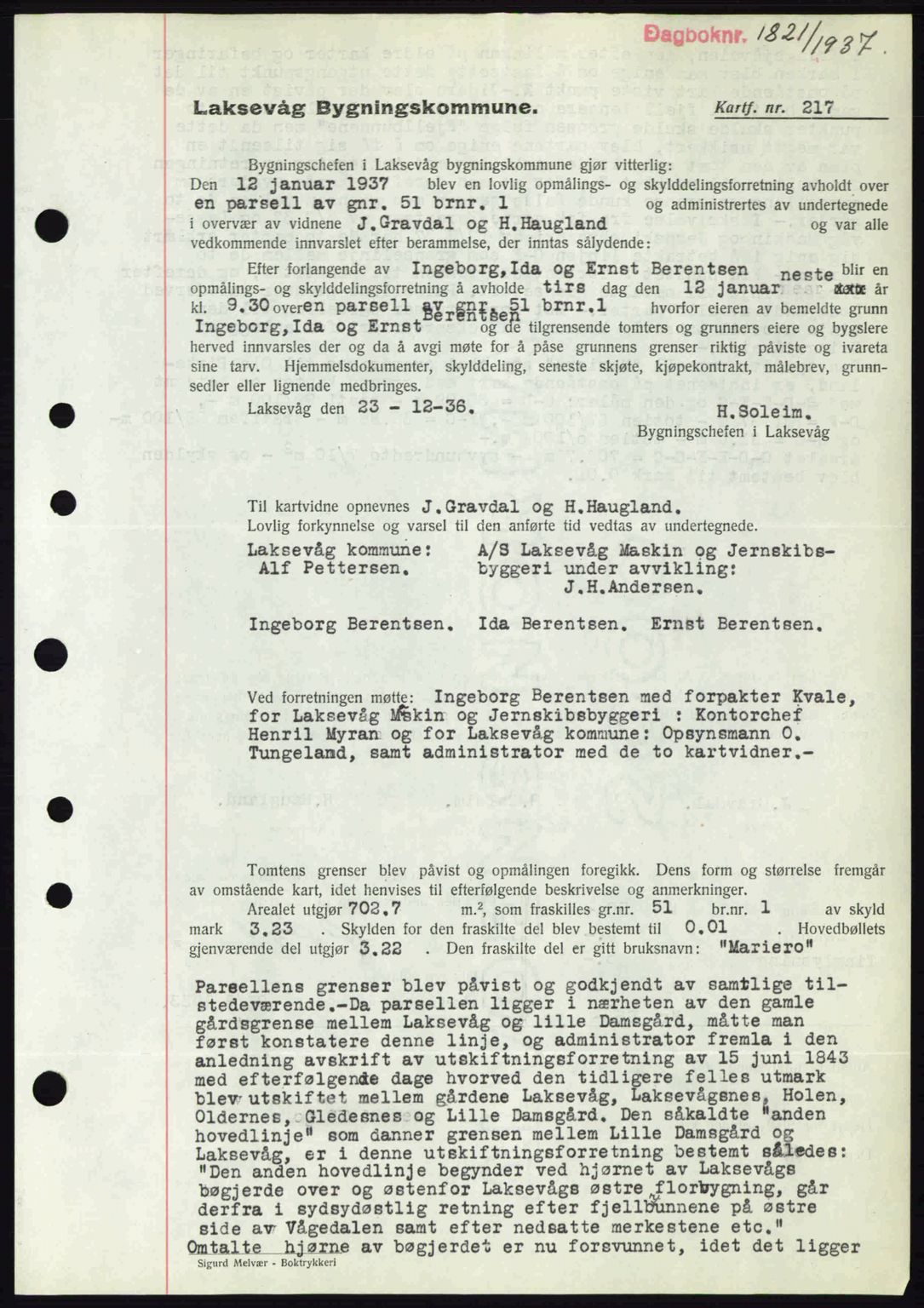 Midhordland sorenskriveri, SAB/A-3001/1/G/Gb/Gbk/L0001: Pantebok nr. A1-6, 1936-1937, Dagboknr: 1821/1937
