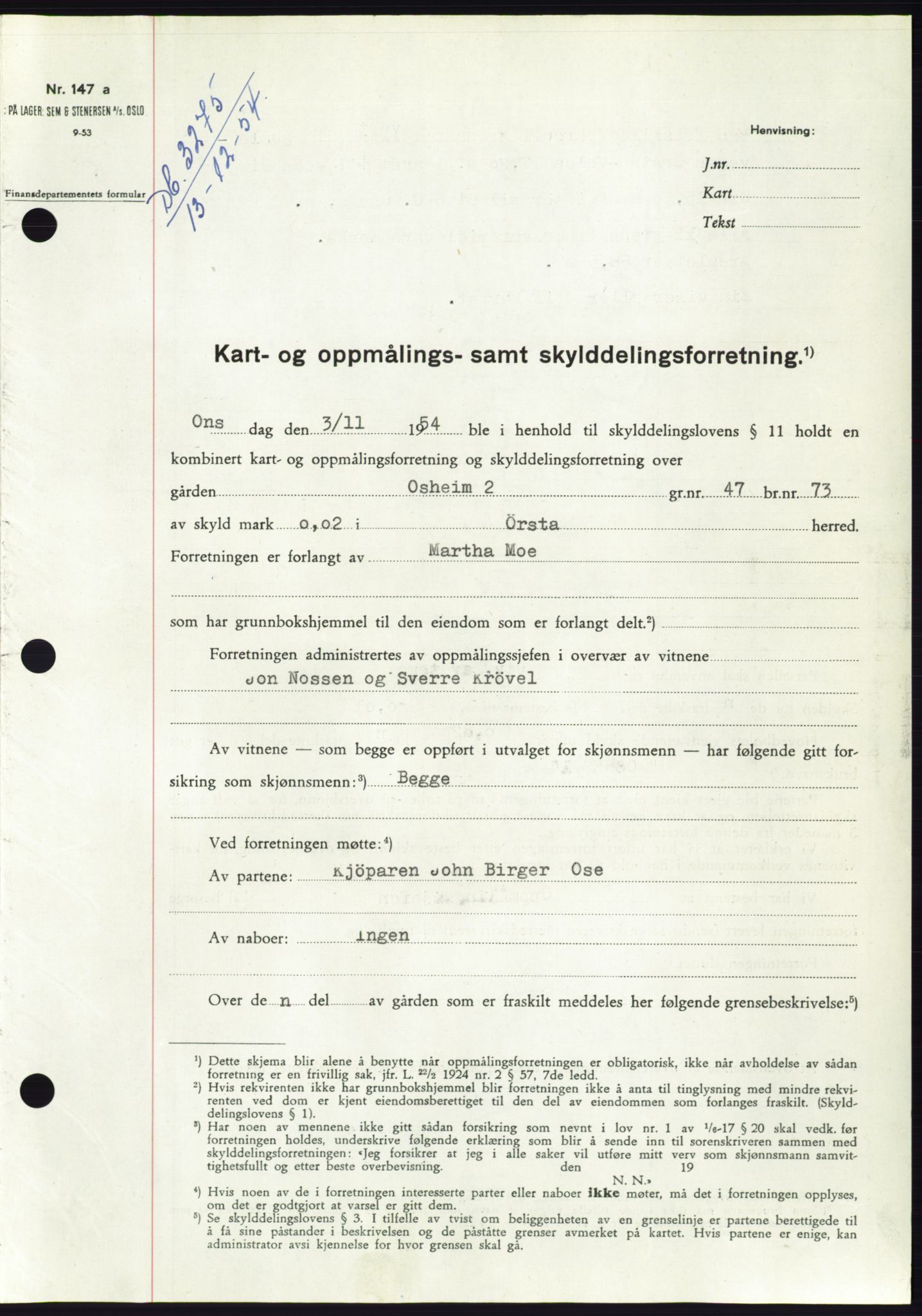 Søre Sunnmøre sorenskriveri, AV/SAT-A-4122/1/2/2C/L0099: Pantebok nr. 25A, 1954-1954, Dagboknr: 3275/1954